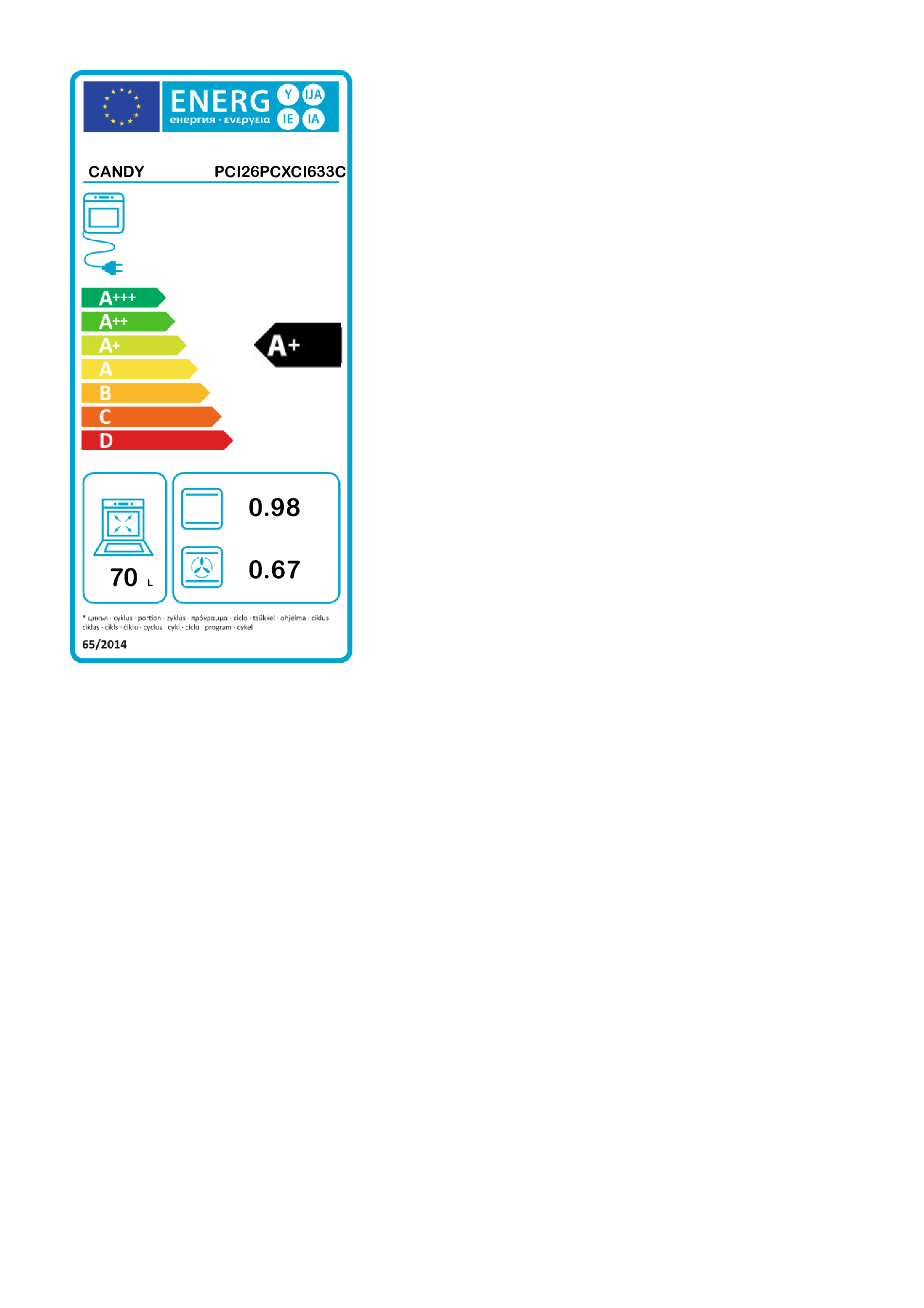 Etiqueta de eficiencia energética para un horno, mostrando la clase A+.
