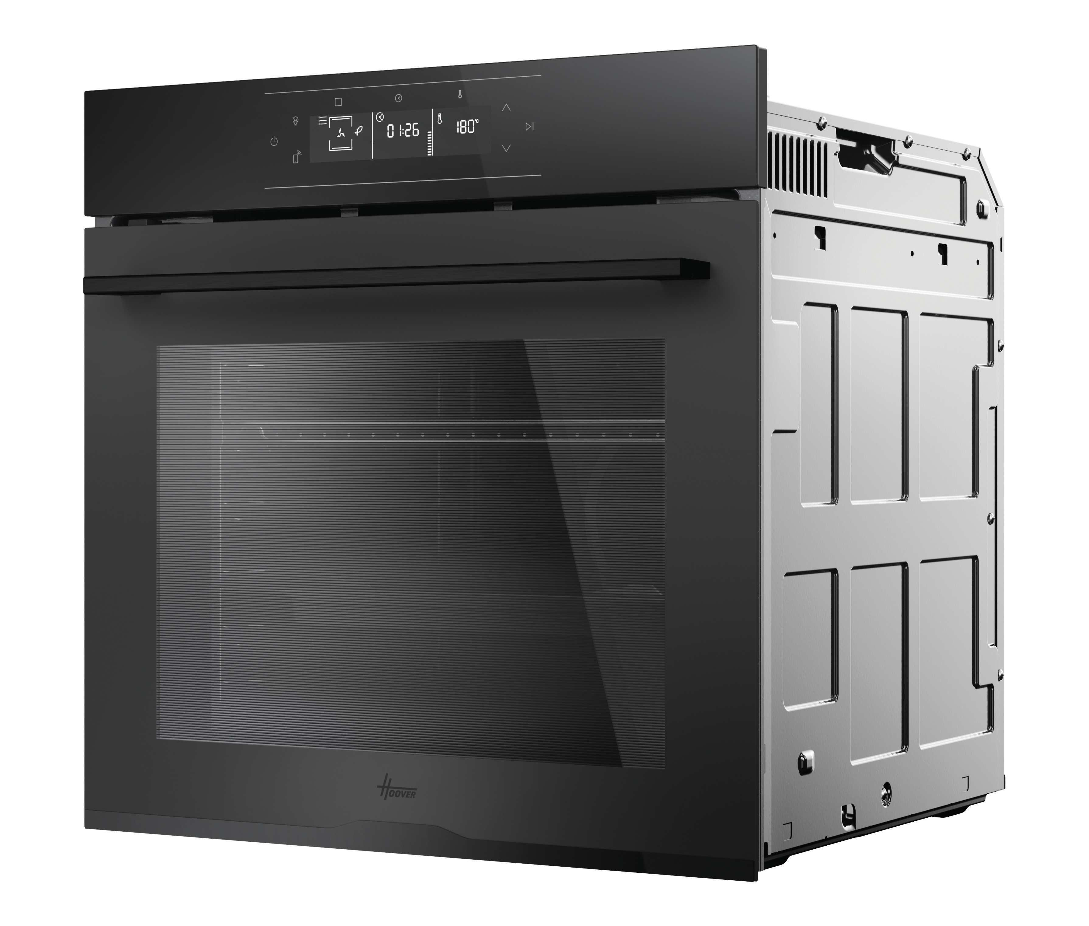 Forno nero con display digitale. Il forno è aperto lateralmente, mostrando l'interno.