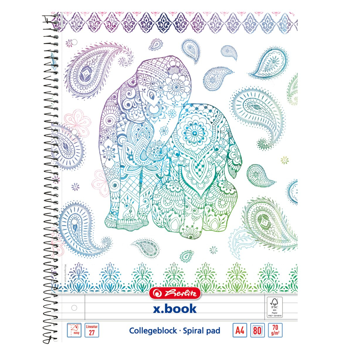 Ein Spiralnotizbuch mit Elefanten-Design und Paisley-Mustern auf dem Cover.