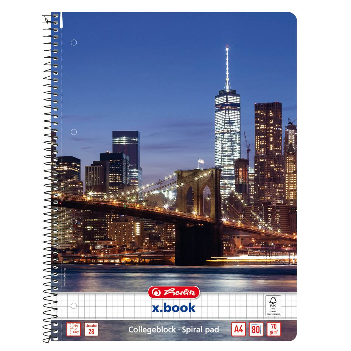 Notizbuch mit einer New Yorker Nachtszene mit Brooklyn Bridge und Wolkenkratzern.