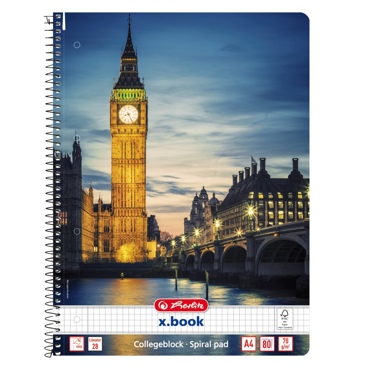 Notizbuch mit einer Londoner Nachtszene mit Big Ben und dem Parlament.