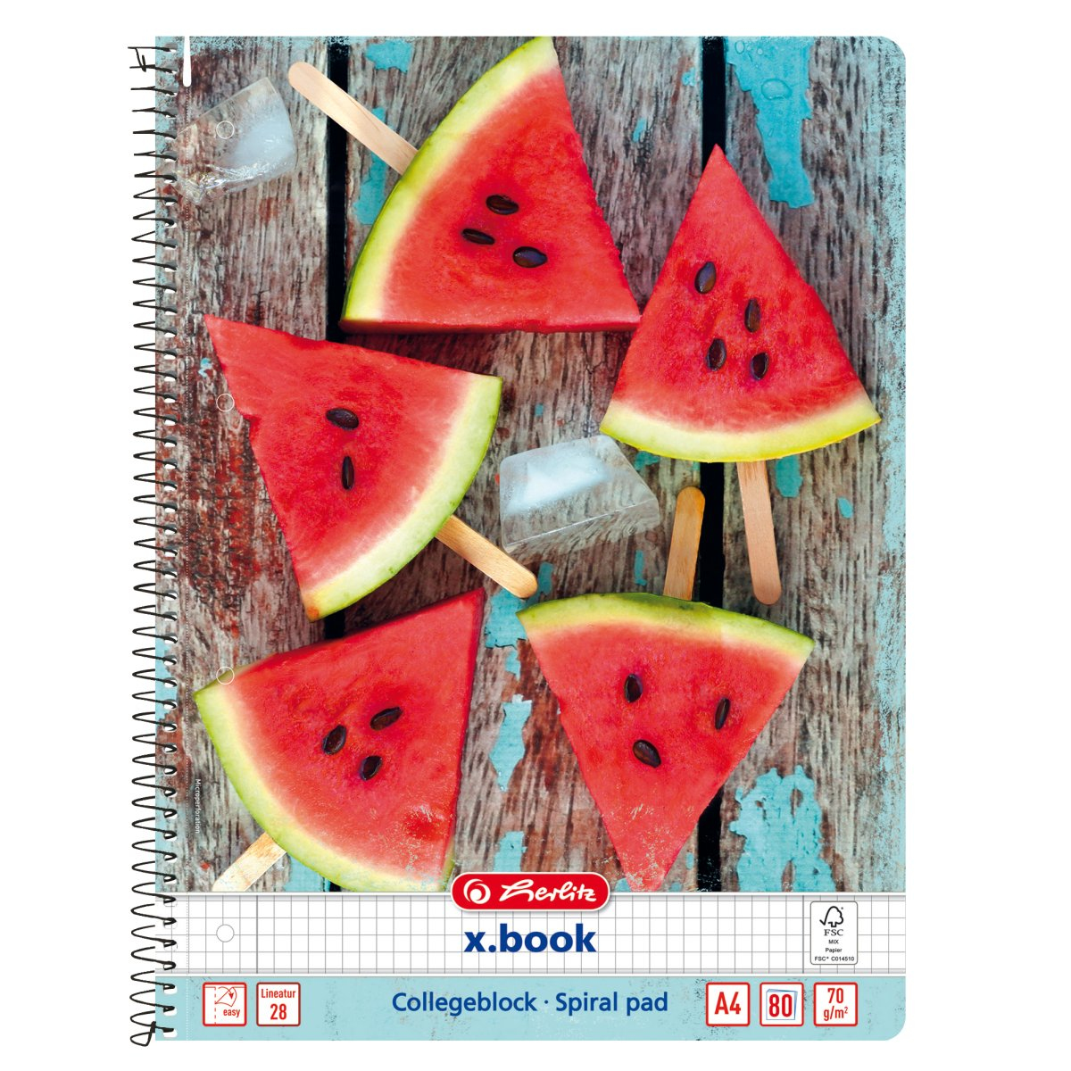 Notizbuch mit Wassermelonenstücken auf Holztisch.