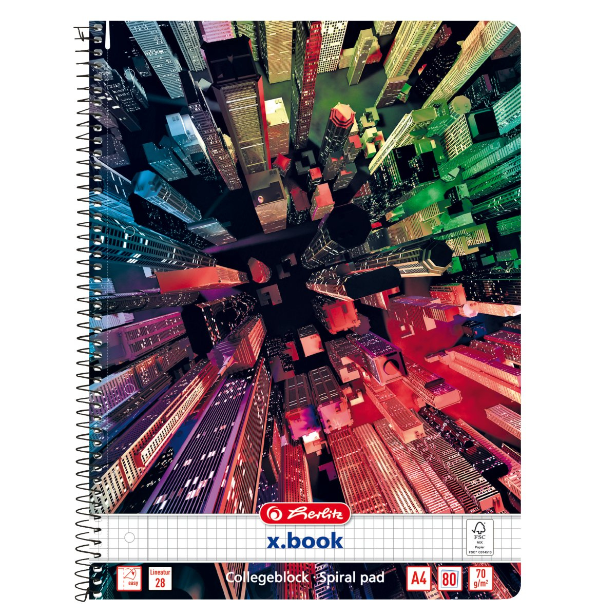 Ein Notizbuchcover mit einer Stadtlandschaft von oben, mit buntem Nachthimmel.