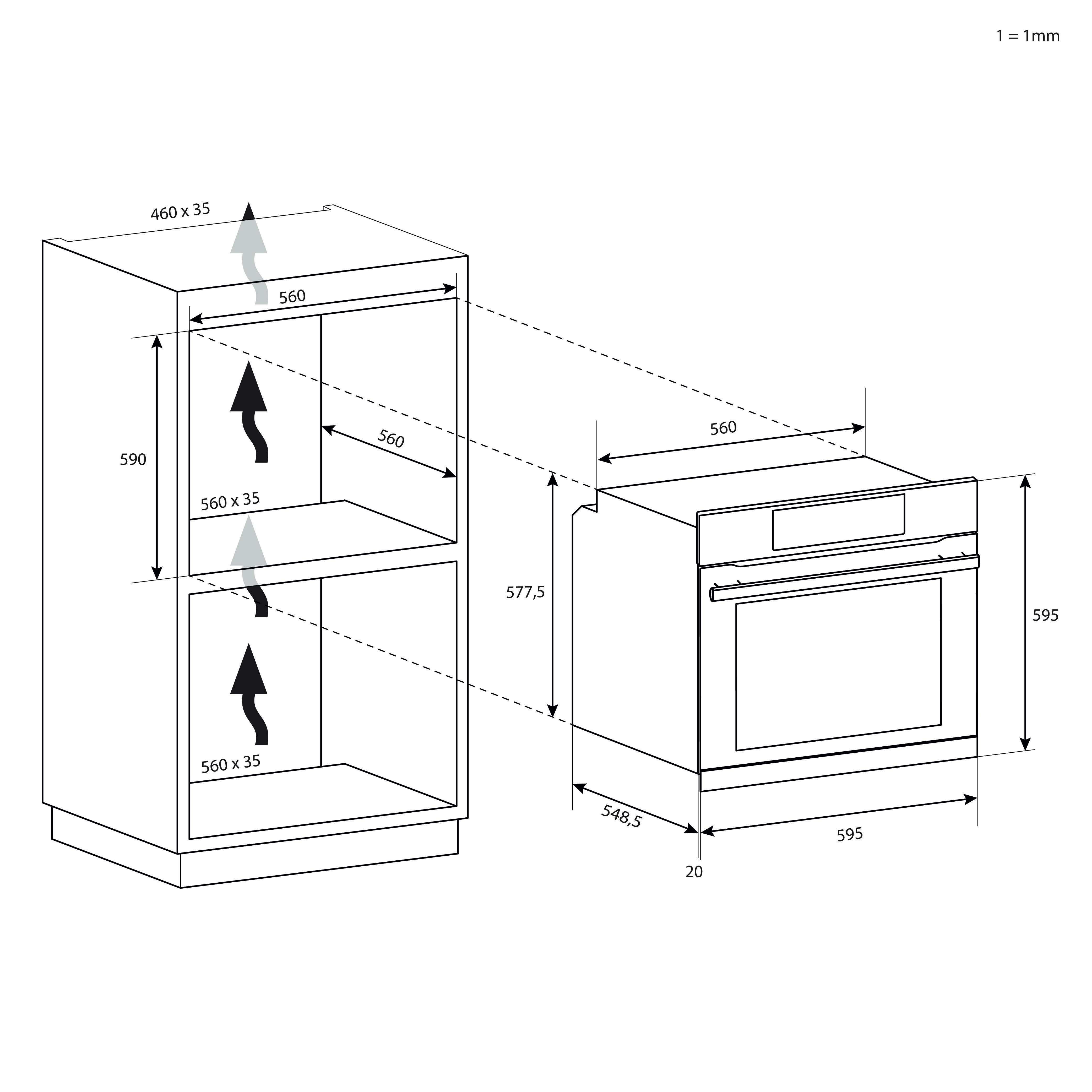 Diagramma forno a incasso e mobile, con dimensioni e dettagli di installazione.