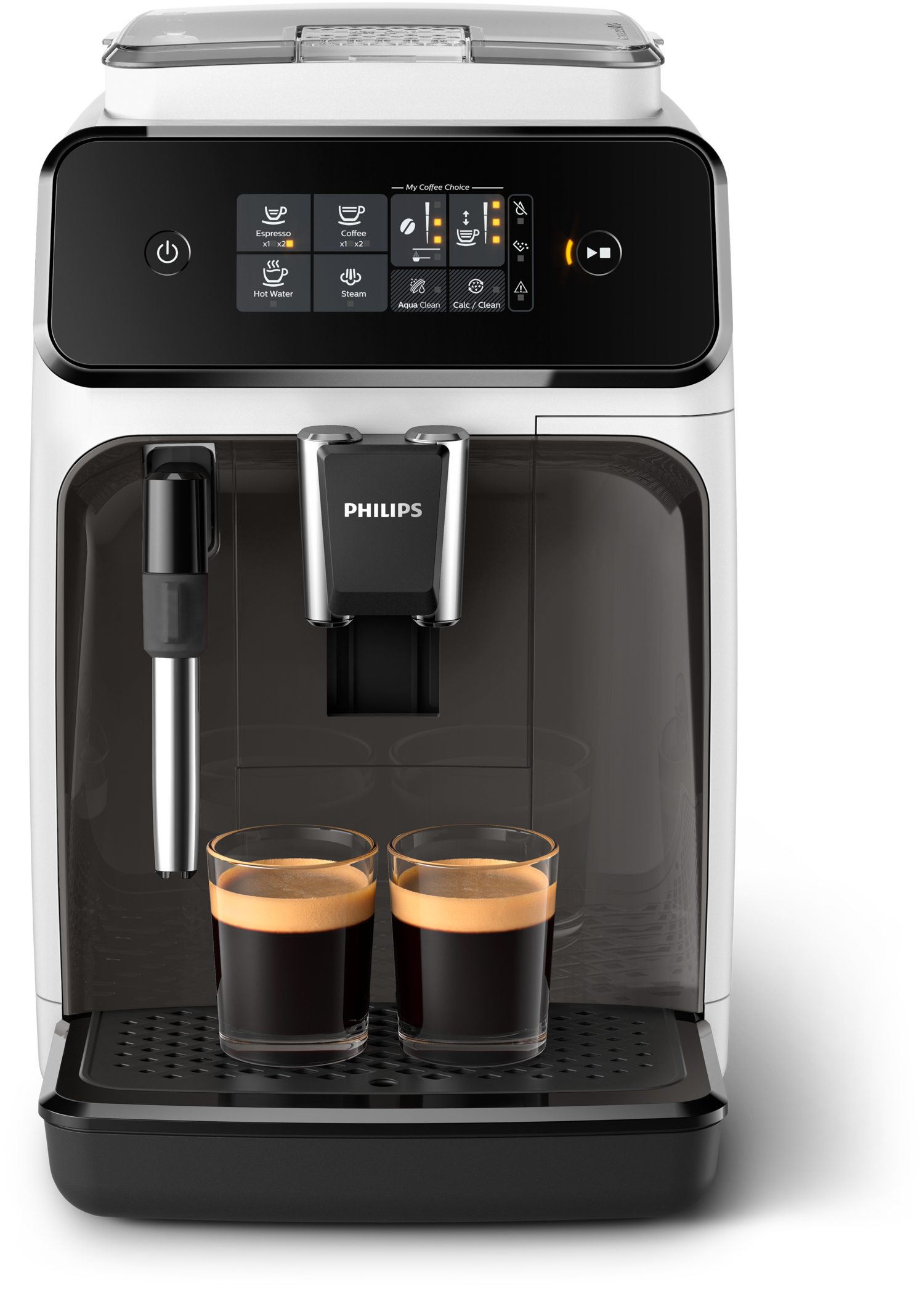 Cafetera Philips blanca y negra. Dos vasos con café. Bandeja negra. Fondo blanco.