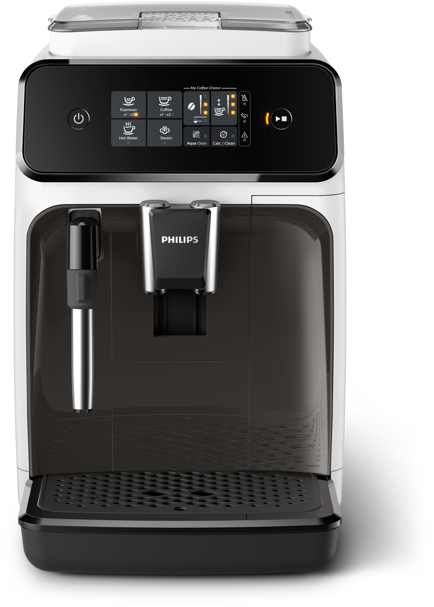 Cafetera Philips blanca y negra. Vista frontal con botones y pantalla. Fondo blanco.