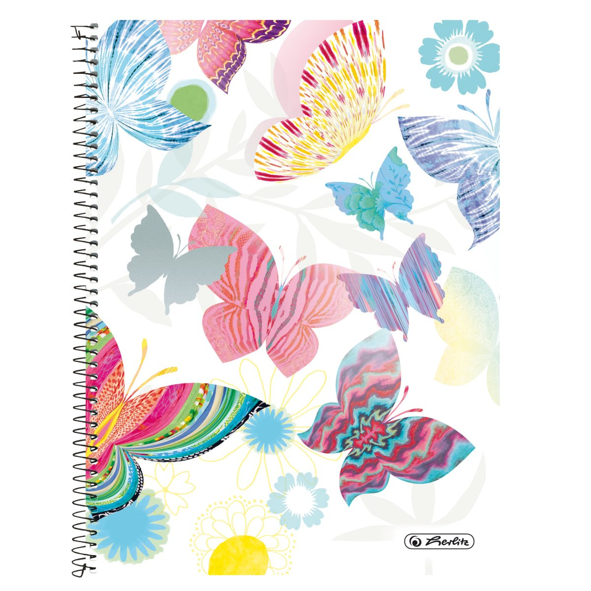 Spiralnotizbuch mit bunten Schmetterlingen und Blumen auf weißem Hintergrund. Berlite-Logo.