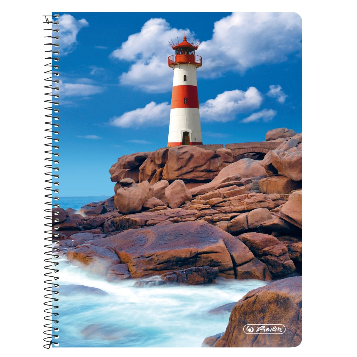 Spiralnotizbuch mit Leuchtturm auf Felsen, blauem Himmel und Ozean. Berlite-Logo.