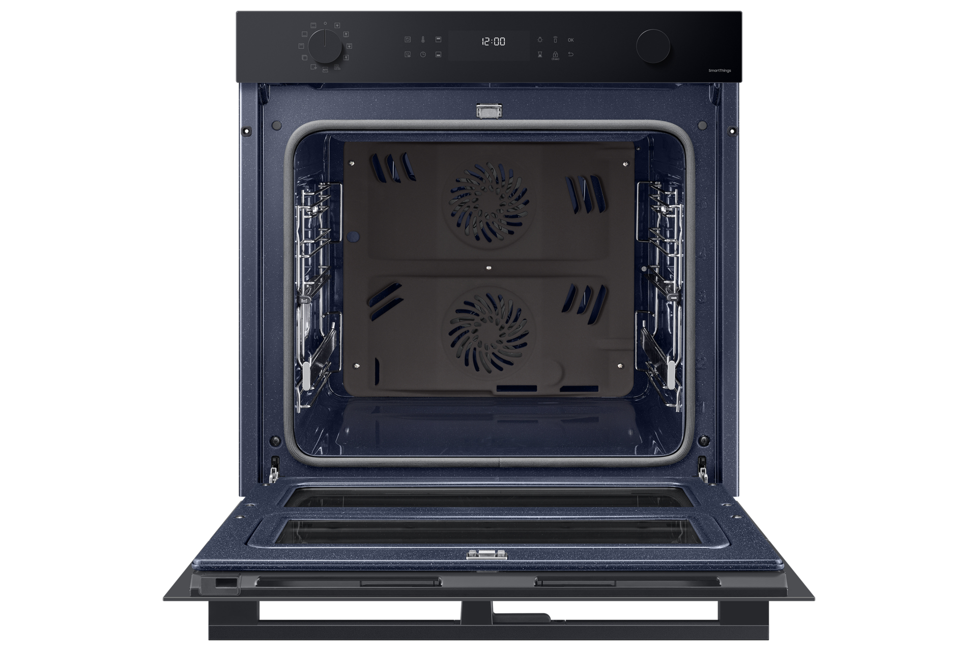 Zwarte oven met open deur, interieur met twee ventilatoren, display en bedieningselementen bovenaan.