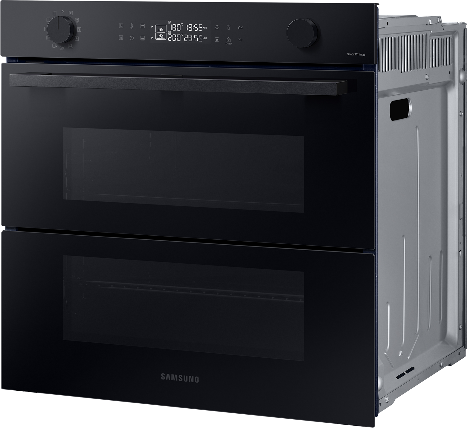 Zwarte Samsung oven, met twee compartimenten, een digitaal display en een zilveren rand.