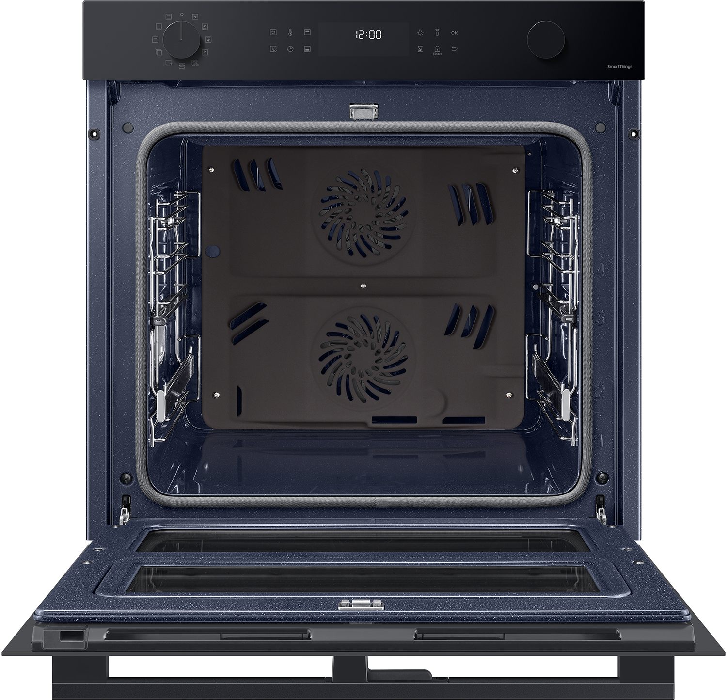 Open oven binnenkant, donkerblauw, met rekken en ventilatie.