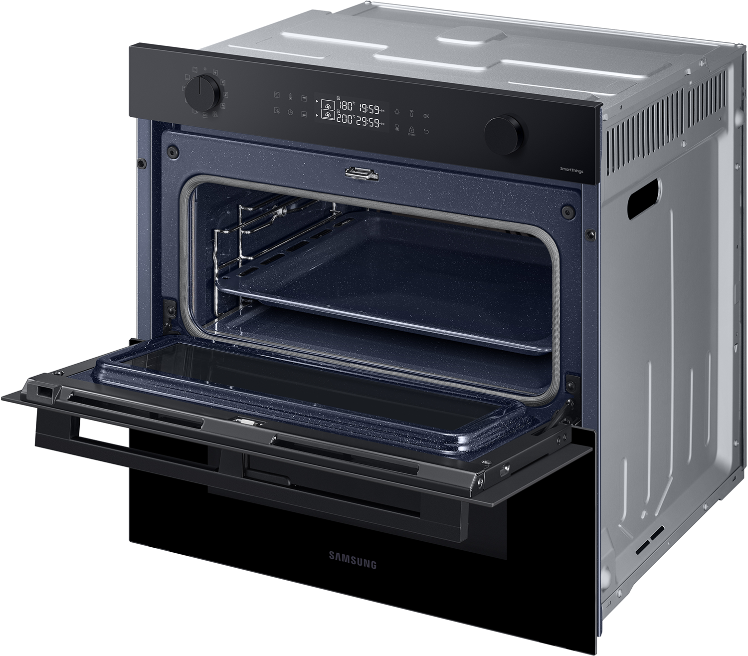 Zwarte oven. Ovendeur open. Binnenverlichting en bakplaat zichtbaar. Digitaal display boven.