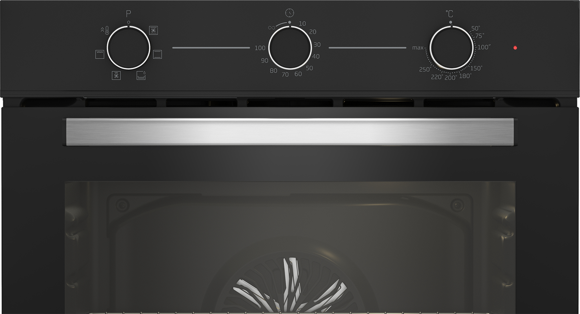 Panel de control del horno con diales para temperatura y funciones. Una luz roja indica operación.