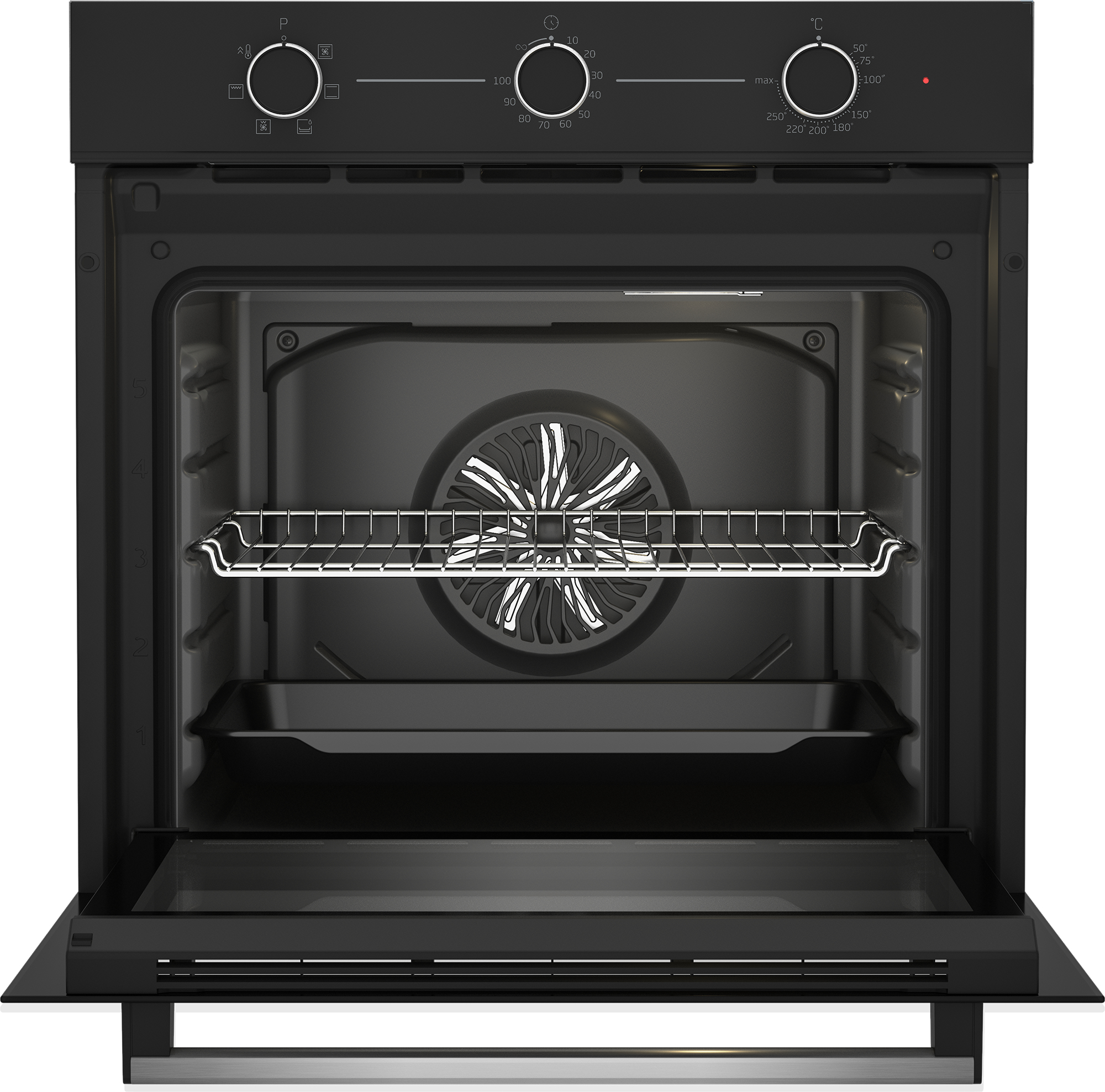 Interior de un horno con rejillas y un ventilador. La puerta está abierta.