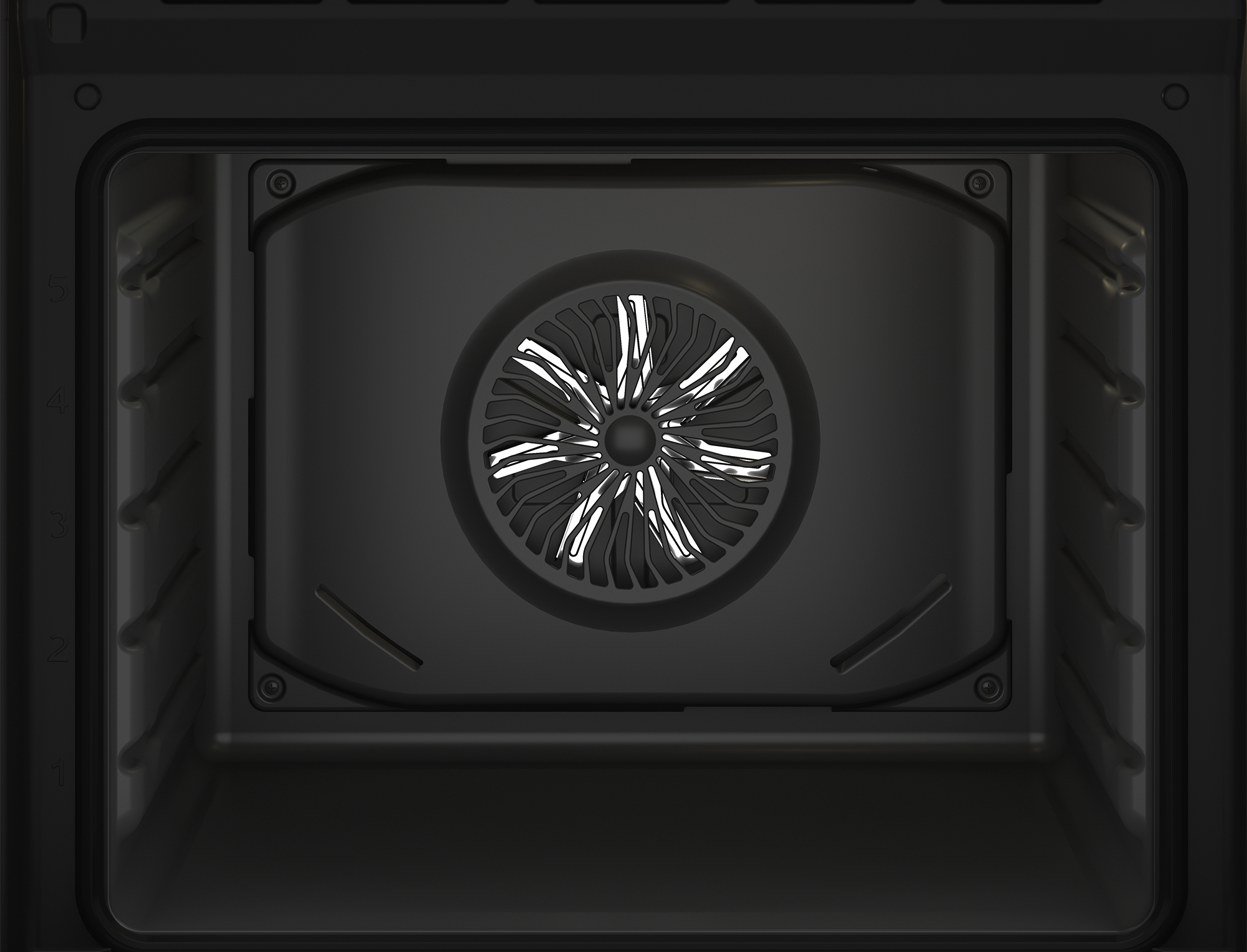 El interior de un horno negro. El ventilador es visible en el centro.