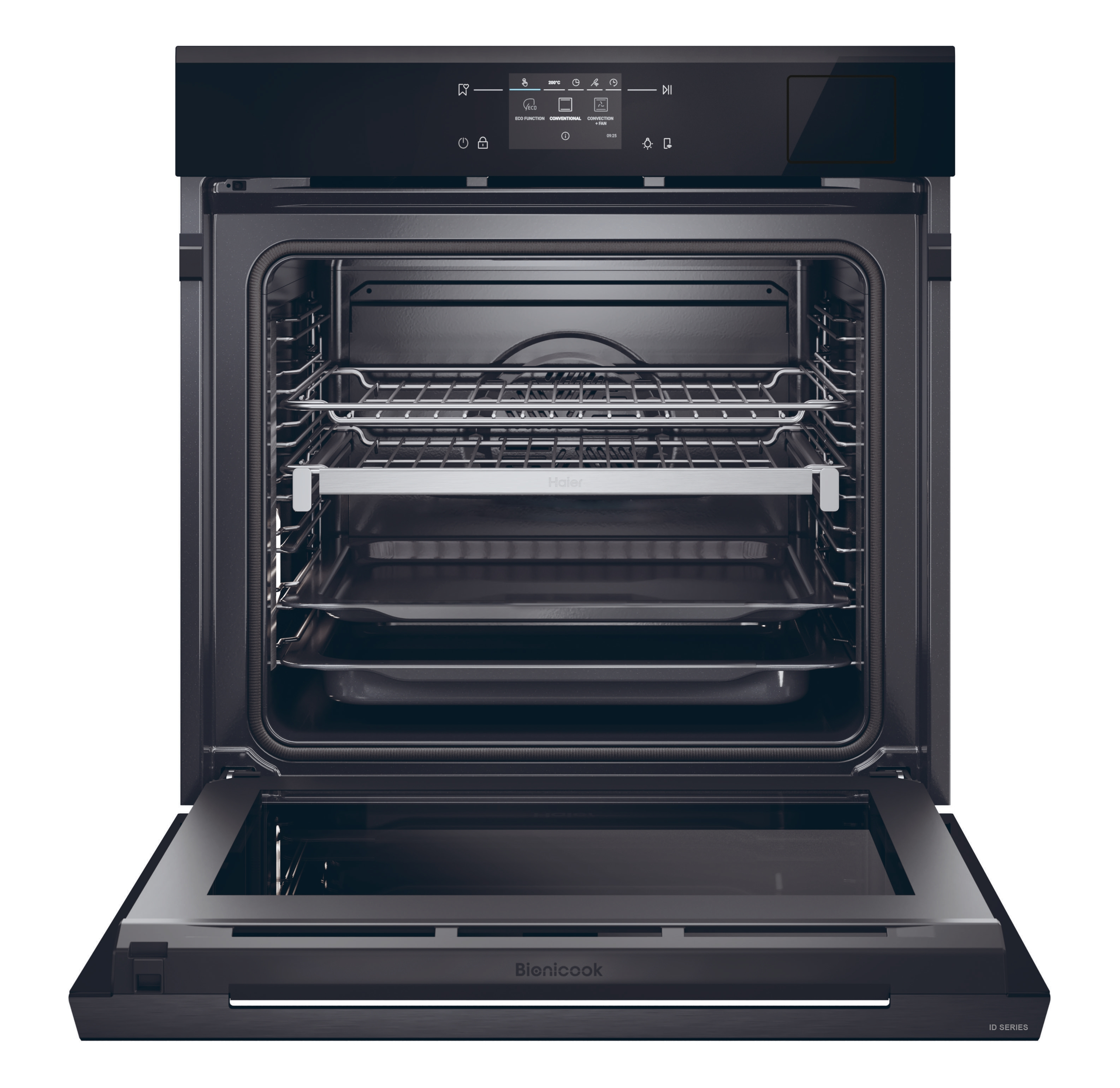 Un horno negro abierto con rejillas interiores y un ventilador. El logotipo de Haier es visible en el interior.