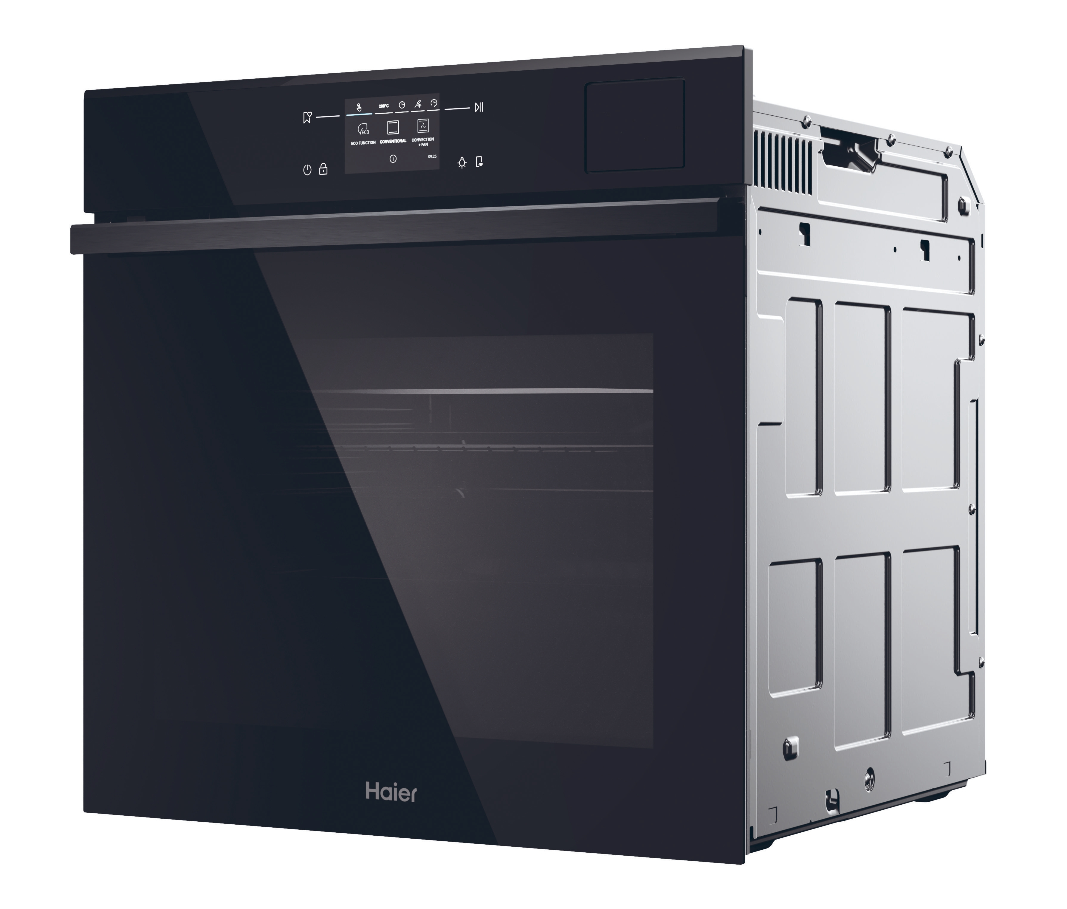 Un horno negro con un lateral visible, el logotipo de Haier y un panel de control que muestra la configuración.