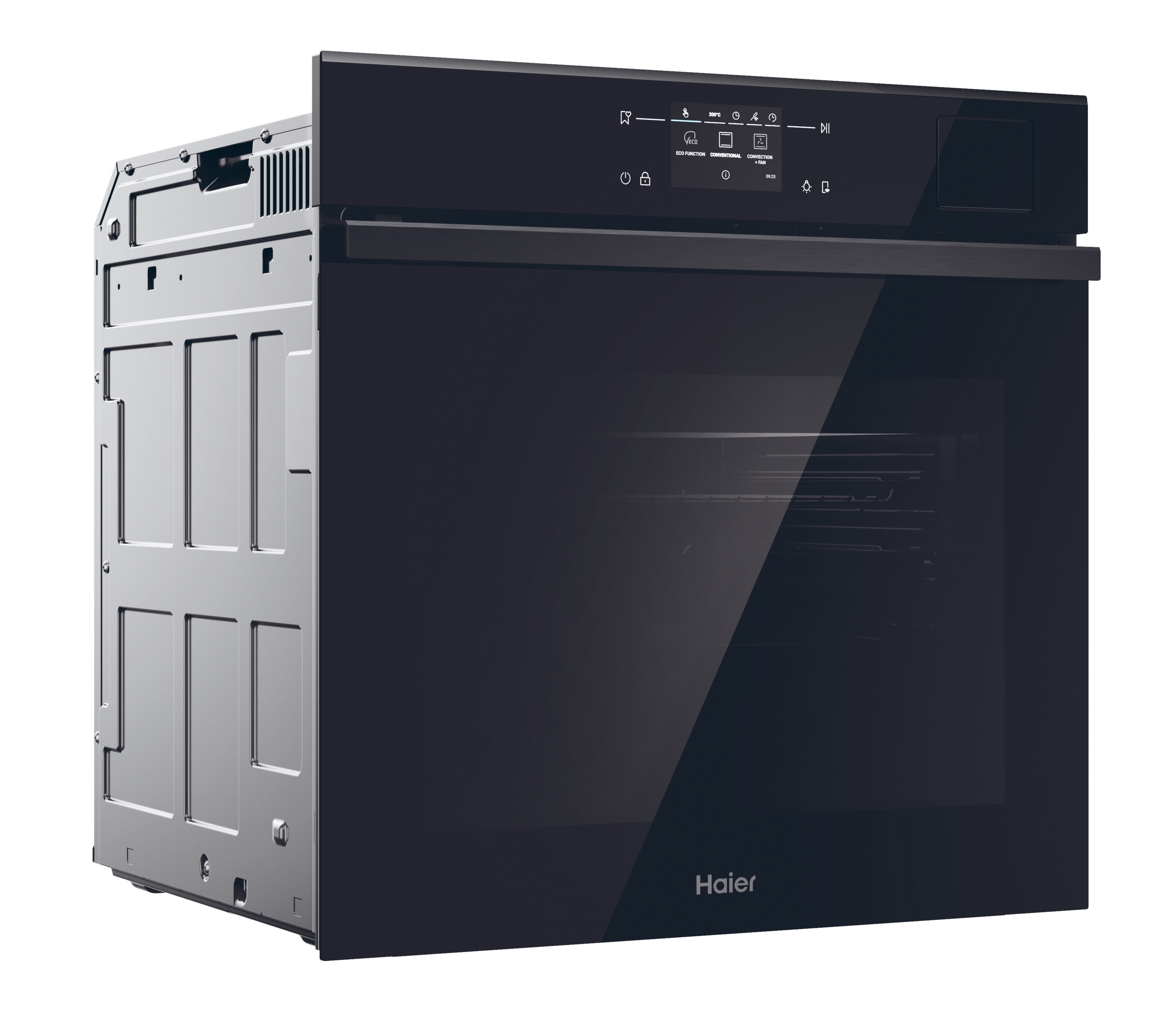 Un horno negro con un diseño elegante. El lateral es visible y el logotipo de Haier se muestra prominentemente.