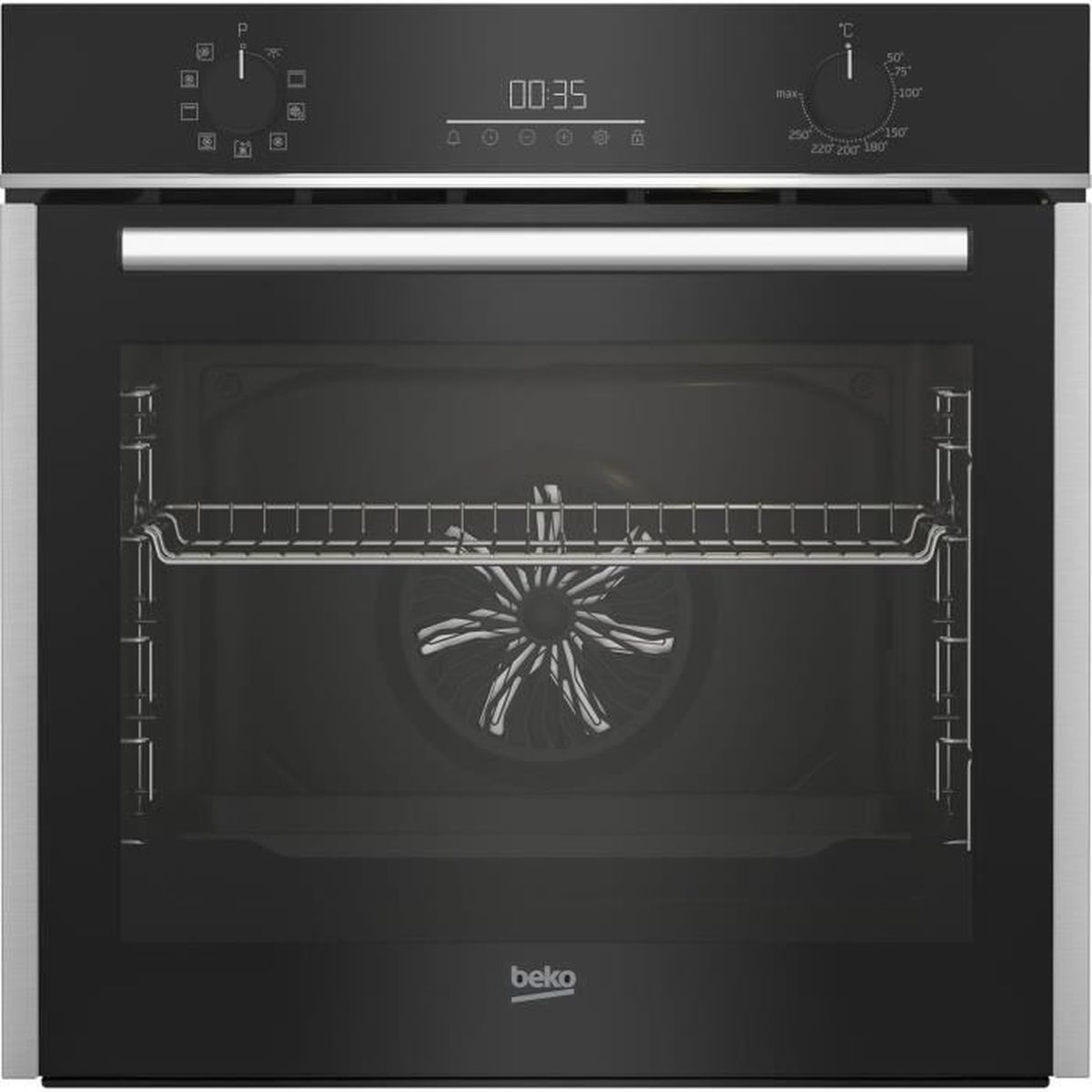 Forno nero ad incasso con porta aperta. Interno con griglie e ventola.