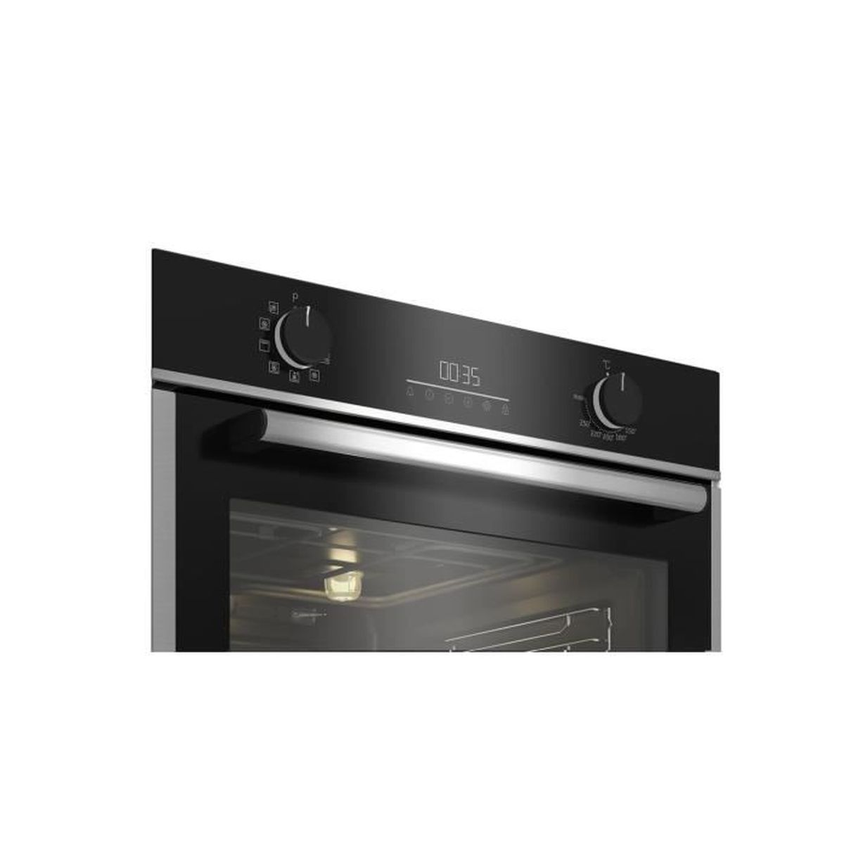 Pannello di controllo del forno nero, con manopole e display. Manopole per temperatura e cottura.