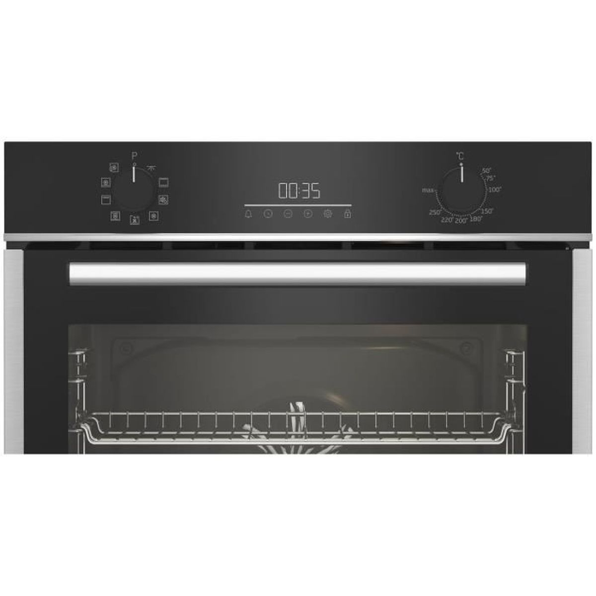 Pannello di controllo del forno nero con manopole e display. Impostazioni di temperatura e cottura visibili.
