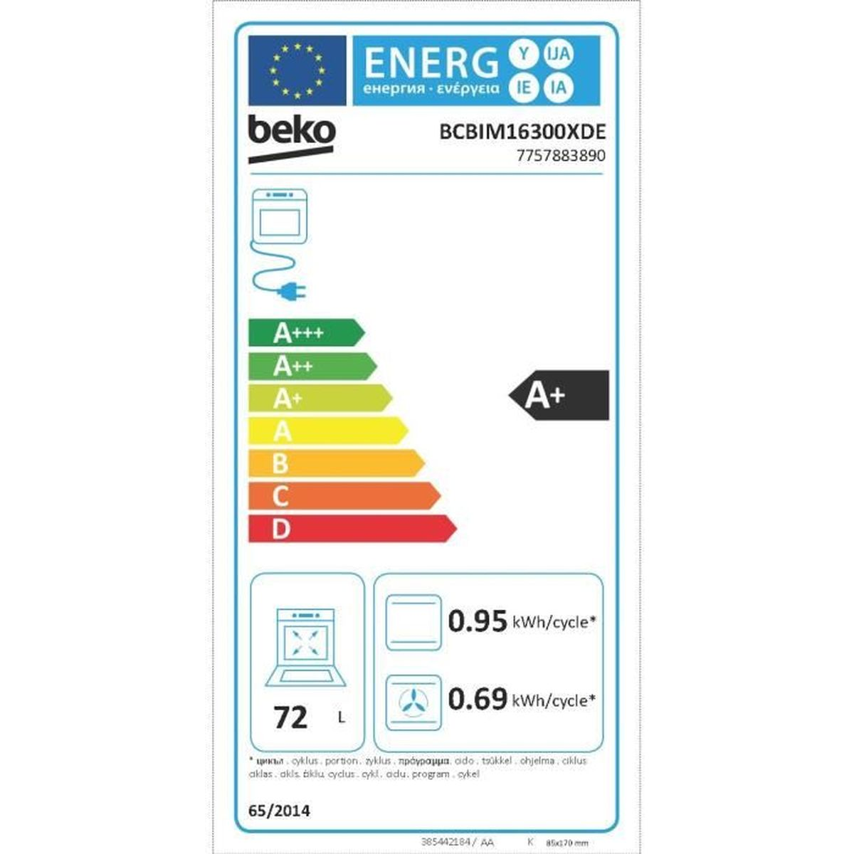 Etichetta energetica per un forno Beko. Mostra le valutazioni di efficienza e i dettagli sul consumo energetico.