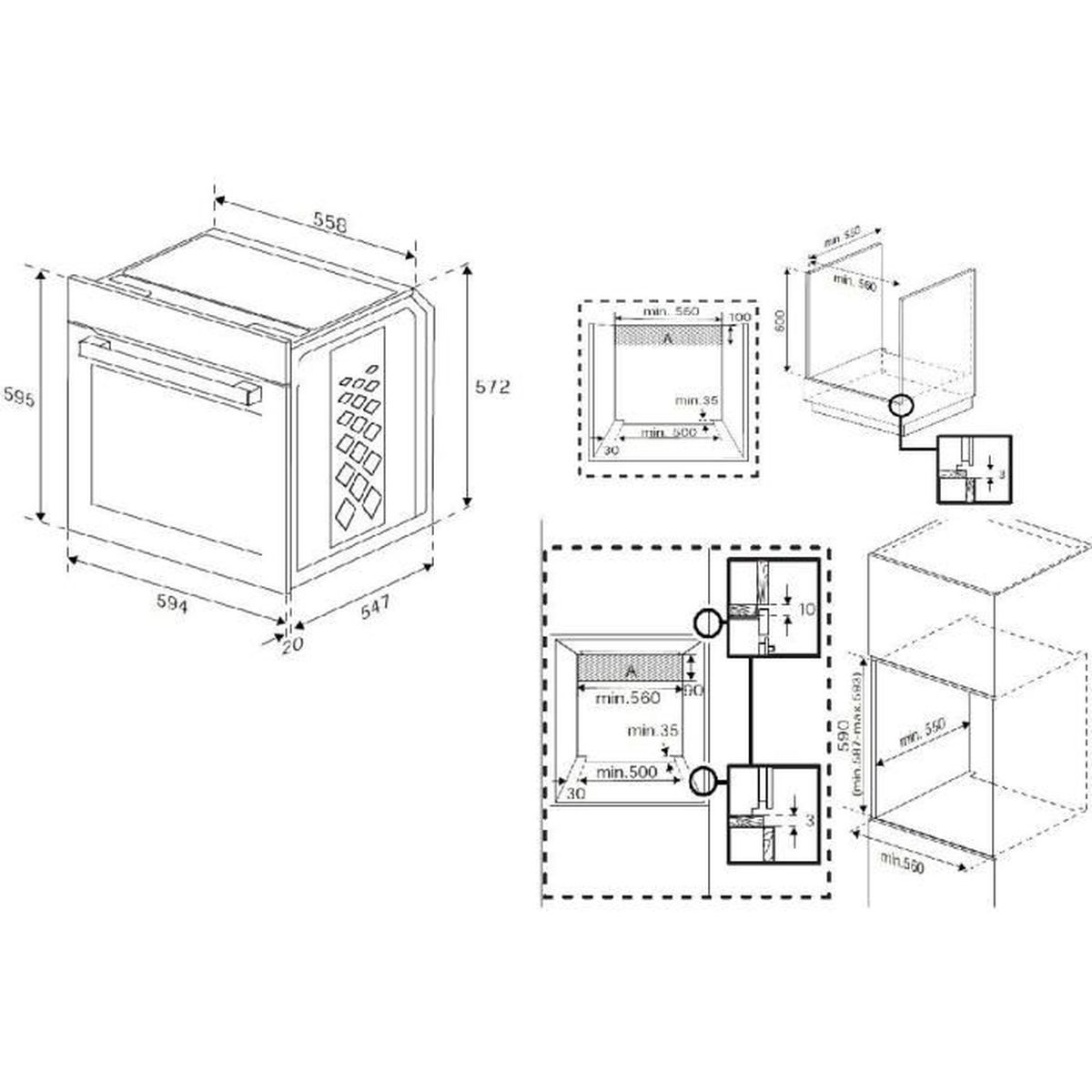 Schema di un forno con dimensioni e dettagli di installazione.