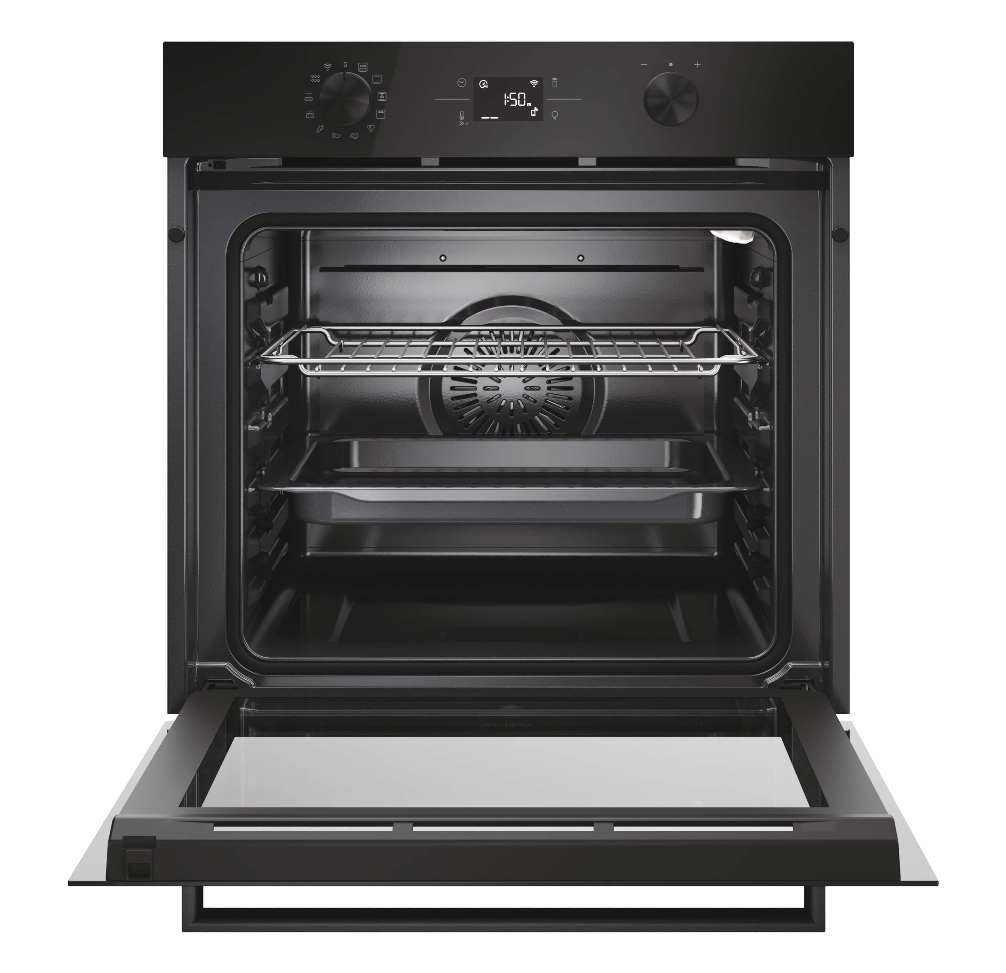 Un forno aperto con griglie e vassoio all'interno. C'è una ventola sul retro.