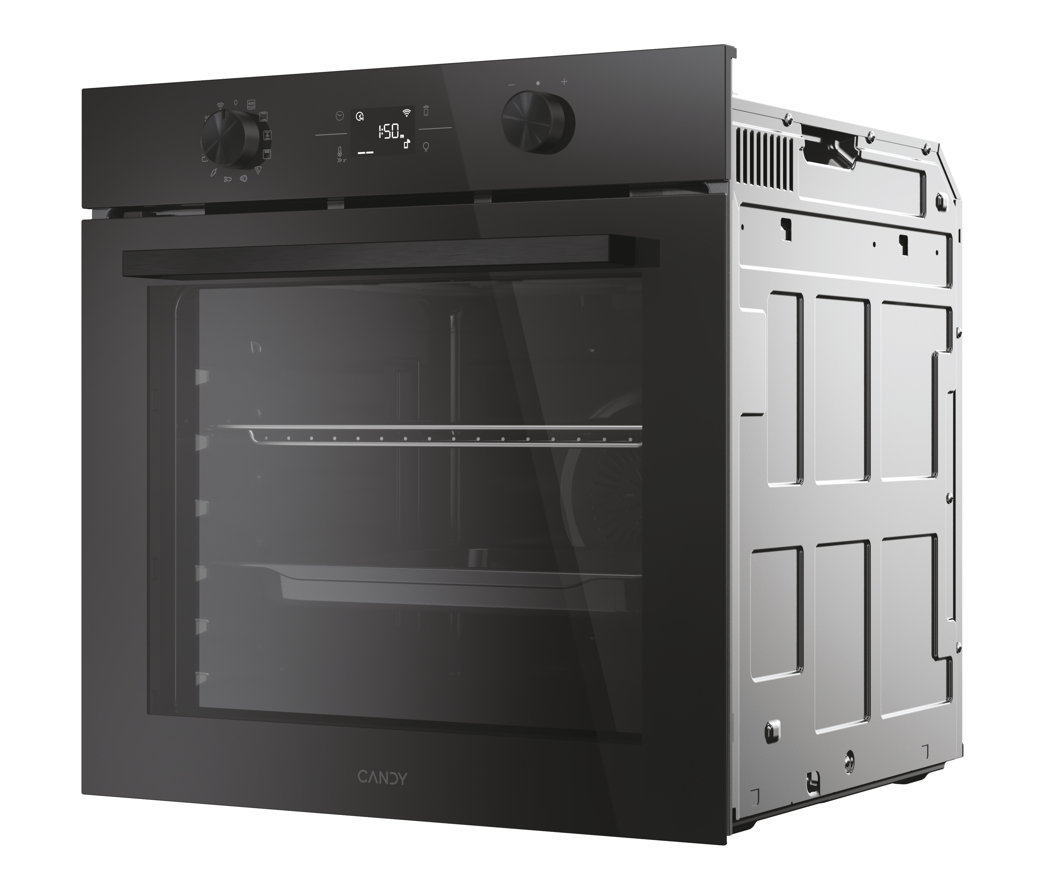 Un forno nero con la porta leggermente aperta. Ha manopole e un display sul pannello superiore.