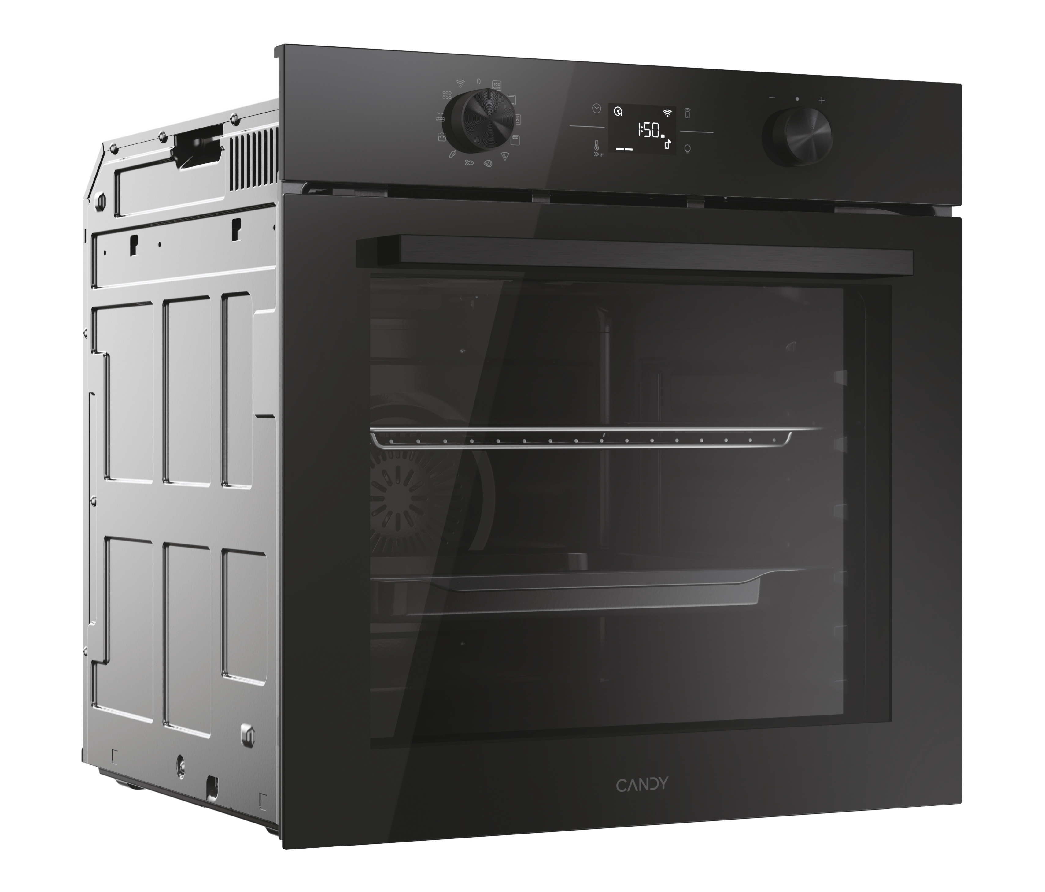 Un forno, nero con porta trasparente, che mostra l'interno del forno con le griglie.