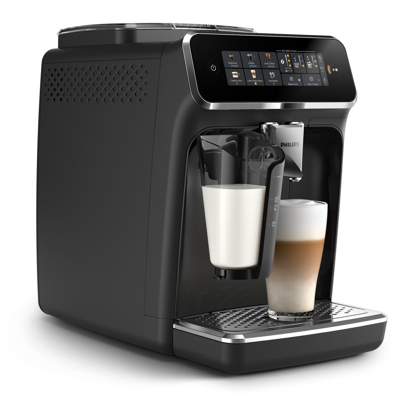 Macchina da caffè nera con contenitore del latte e bicchiere con caffè a strati, mostrando diverse funzioni.