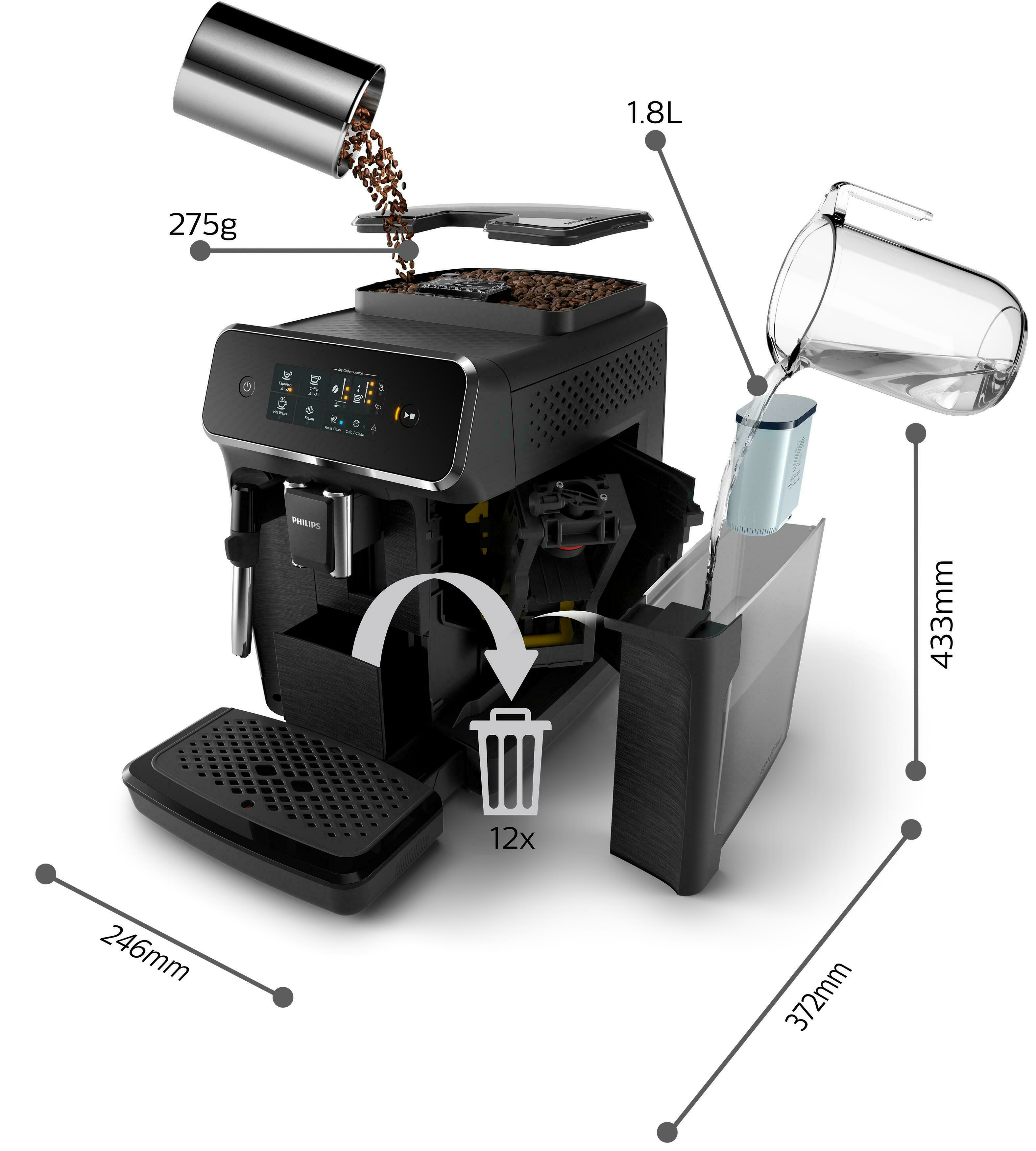Czarny i srebrny ekspres do kawy z miarkami i grafiką ziaren kawy. Białe tło.