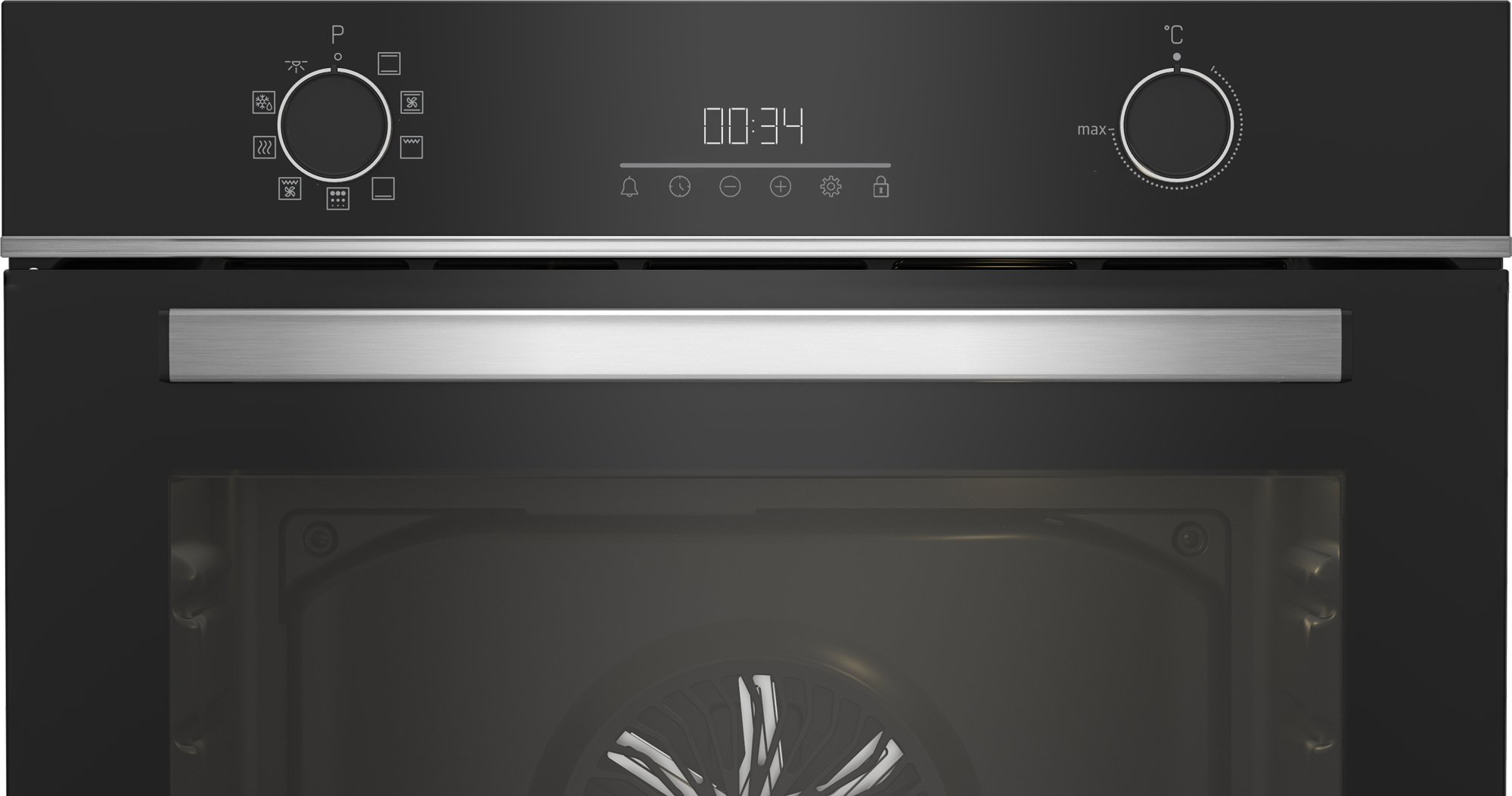 Pannello di controllo del forno nero con display e quadranti. Sfondo nero.