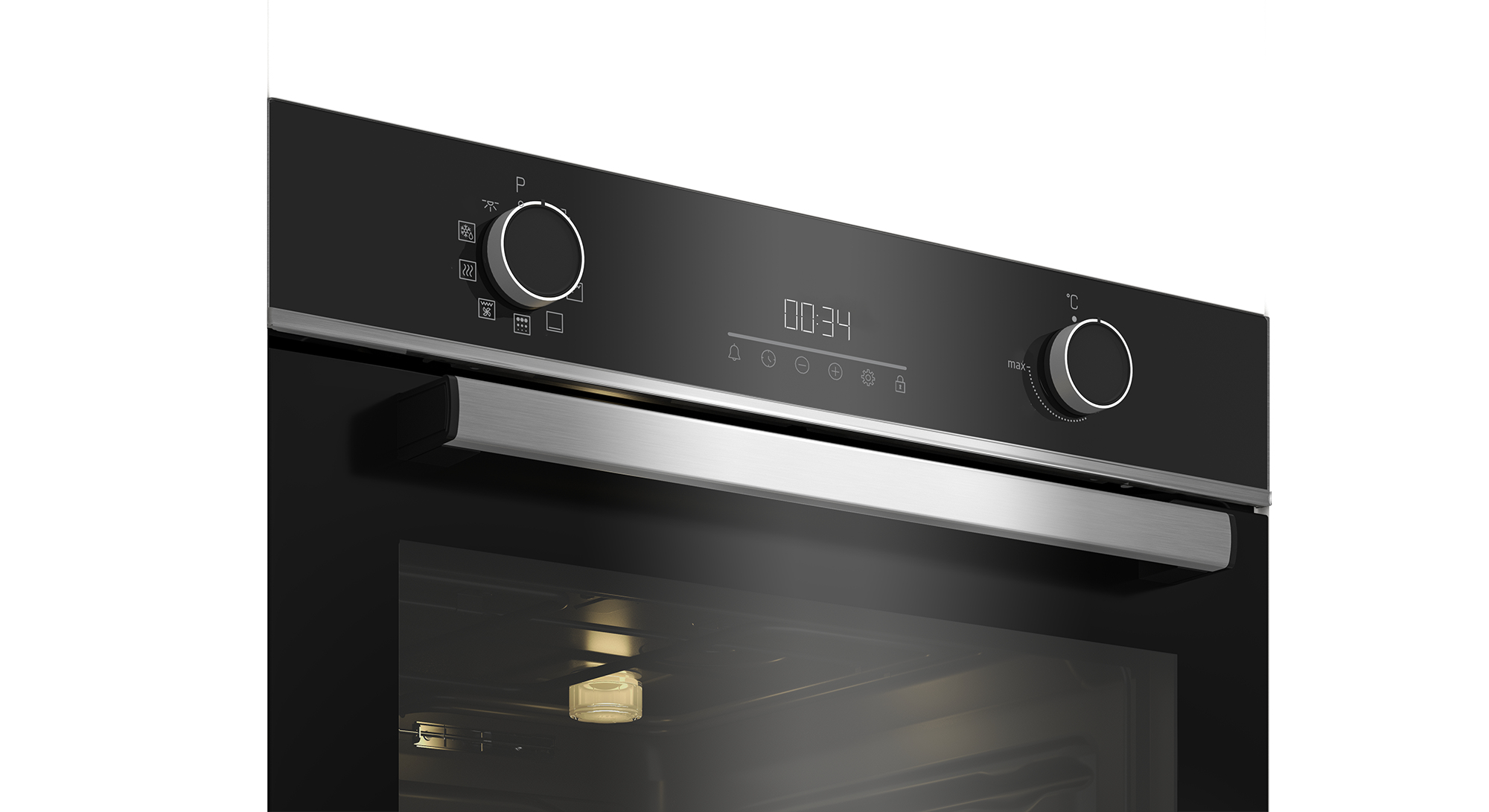 Pannello di controllo del forno nero. Ha manopole e un display con numeri.