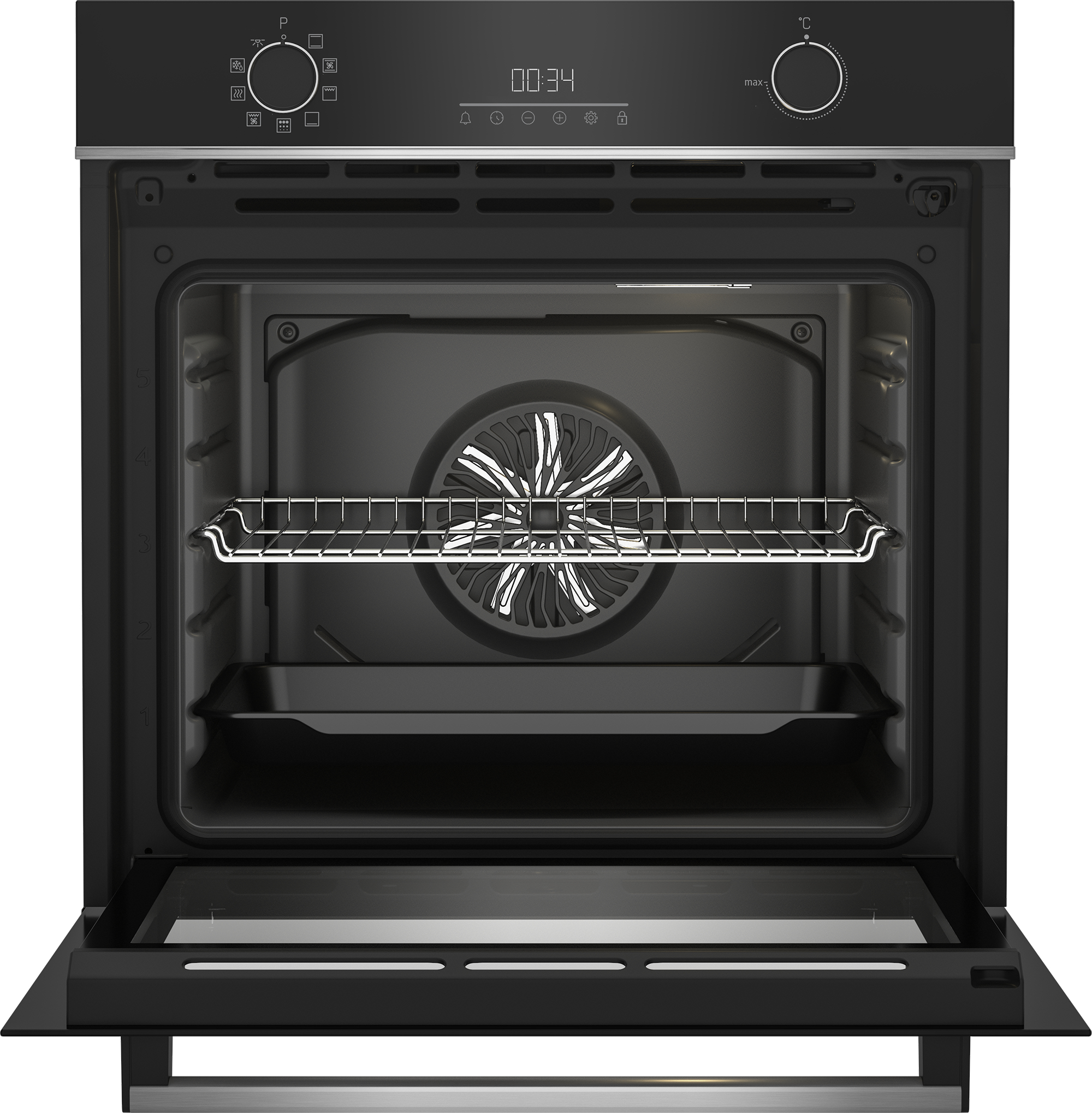 Interno del forno nero con griglia e teglia. Sfondo nero.