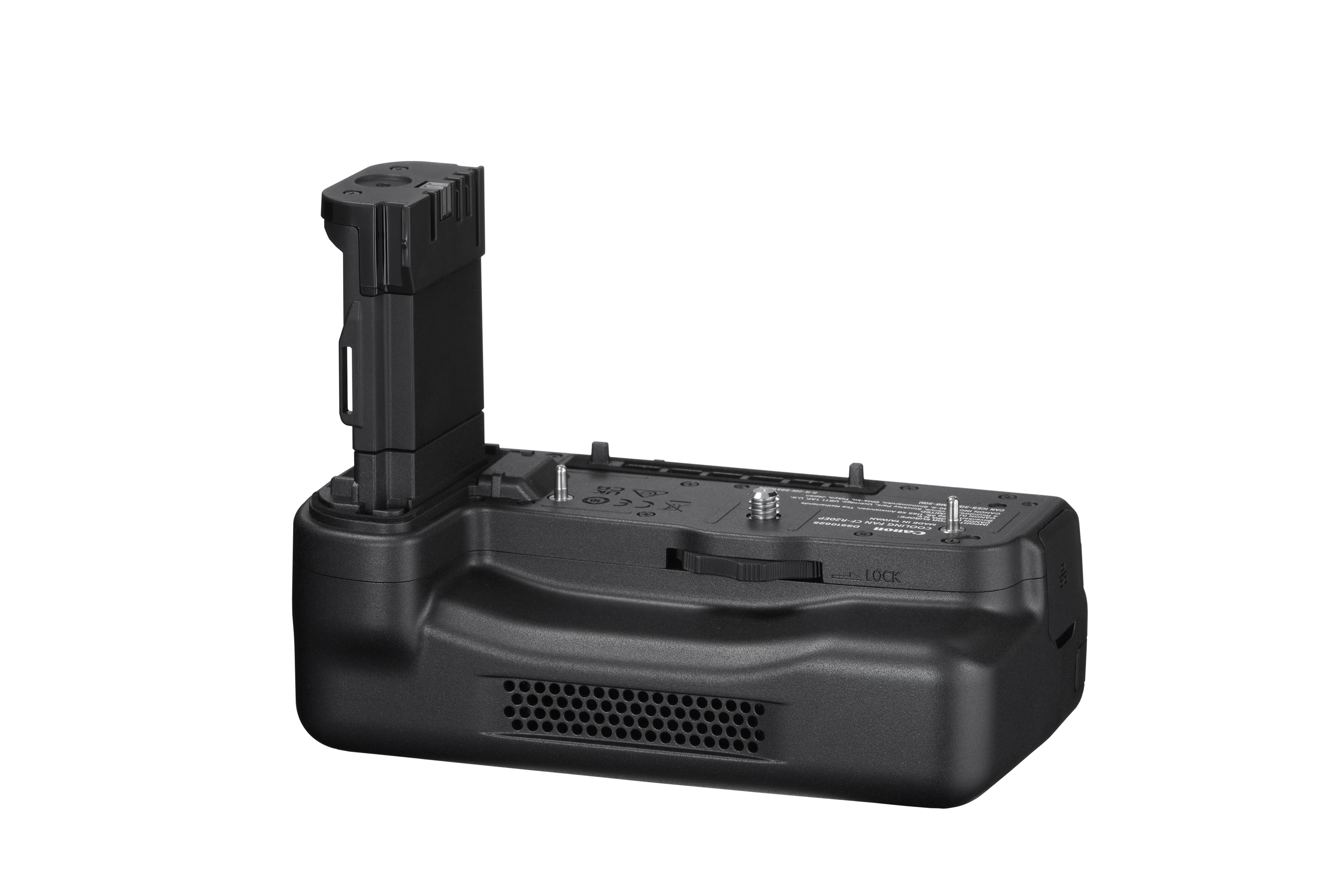 Czarny uchwyt na baterie do aparatu na białym tle. Posiada przyciski i pokrętła.