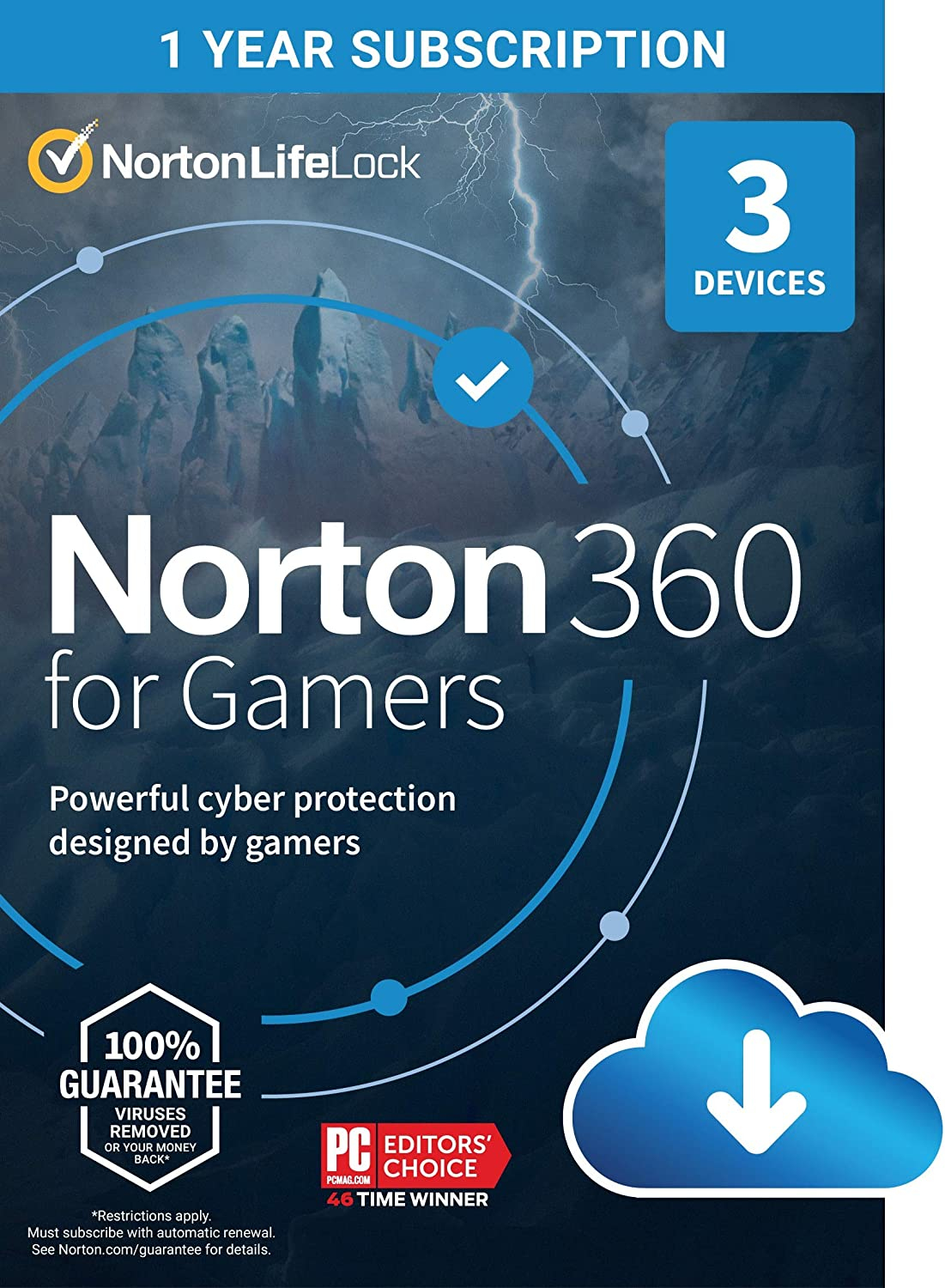 Scatola Norton 360 for Gamers con cielo tempestoso e icona nuvola.