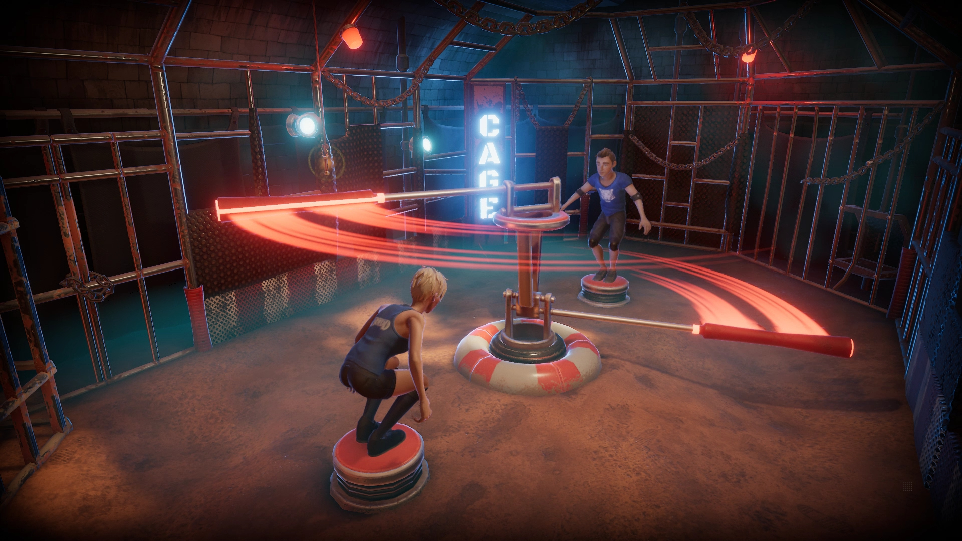 Dwie osoby grające w grę z platformami i klatką.