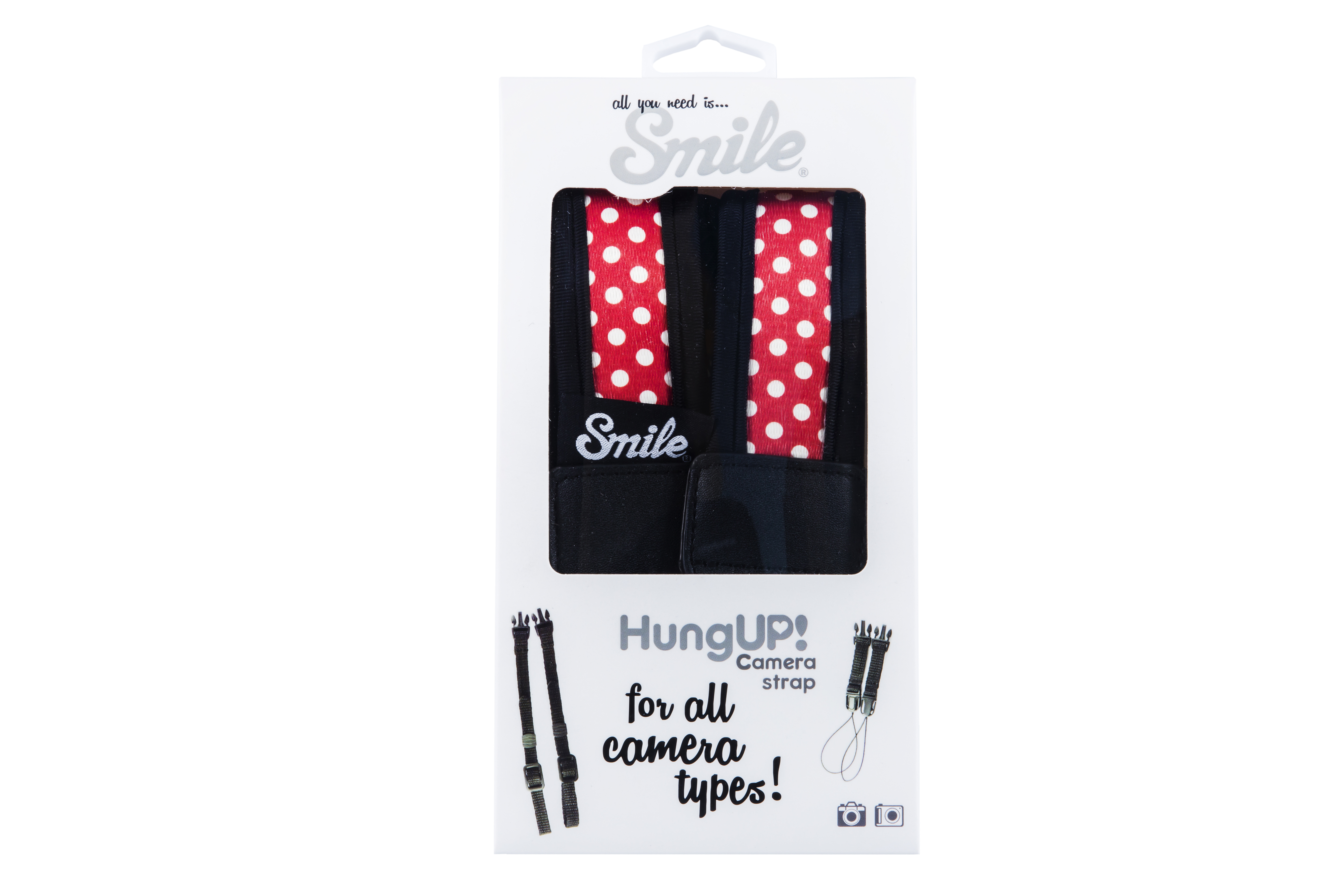 Confezione cinturino fotocamera con pois rossi e logo 'Smile'.