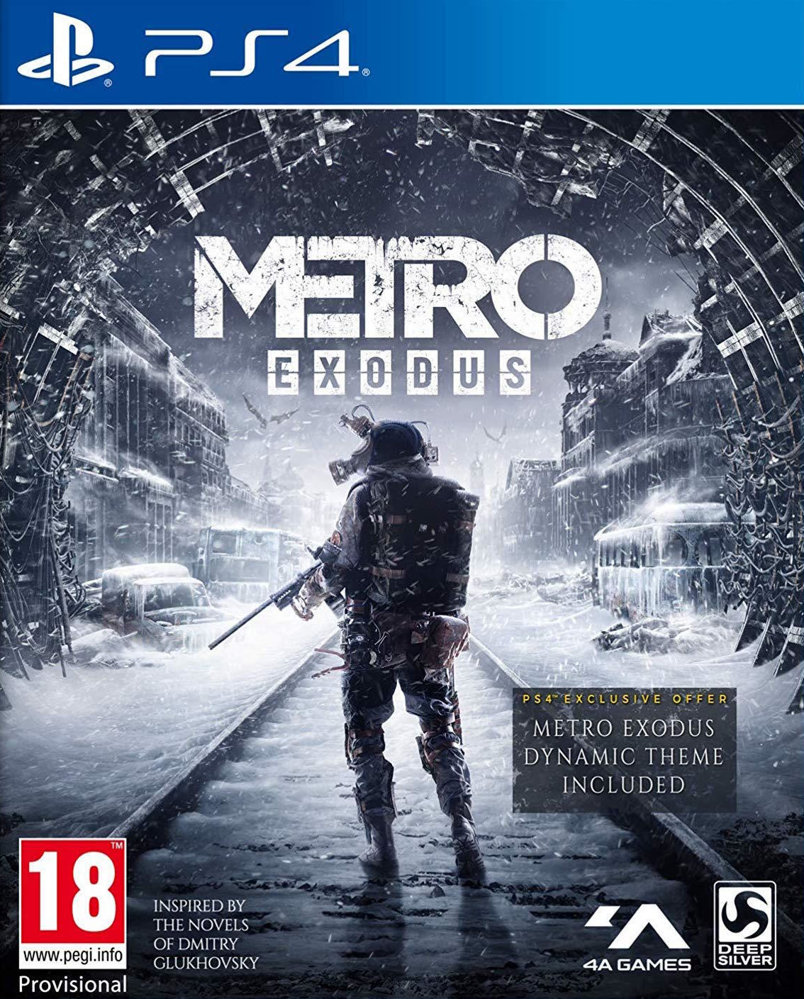 Copertina del gioco Metro Exodus. Un soldato con la maschera antigas si trova in una città innevata e in rovina.