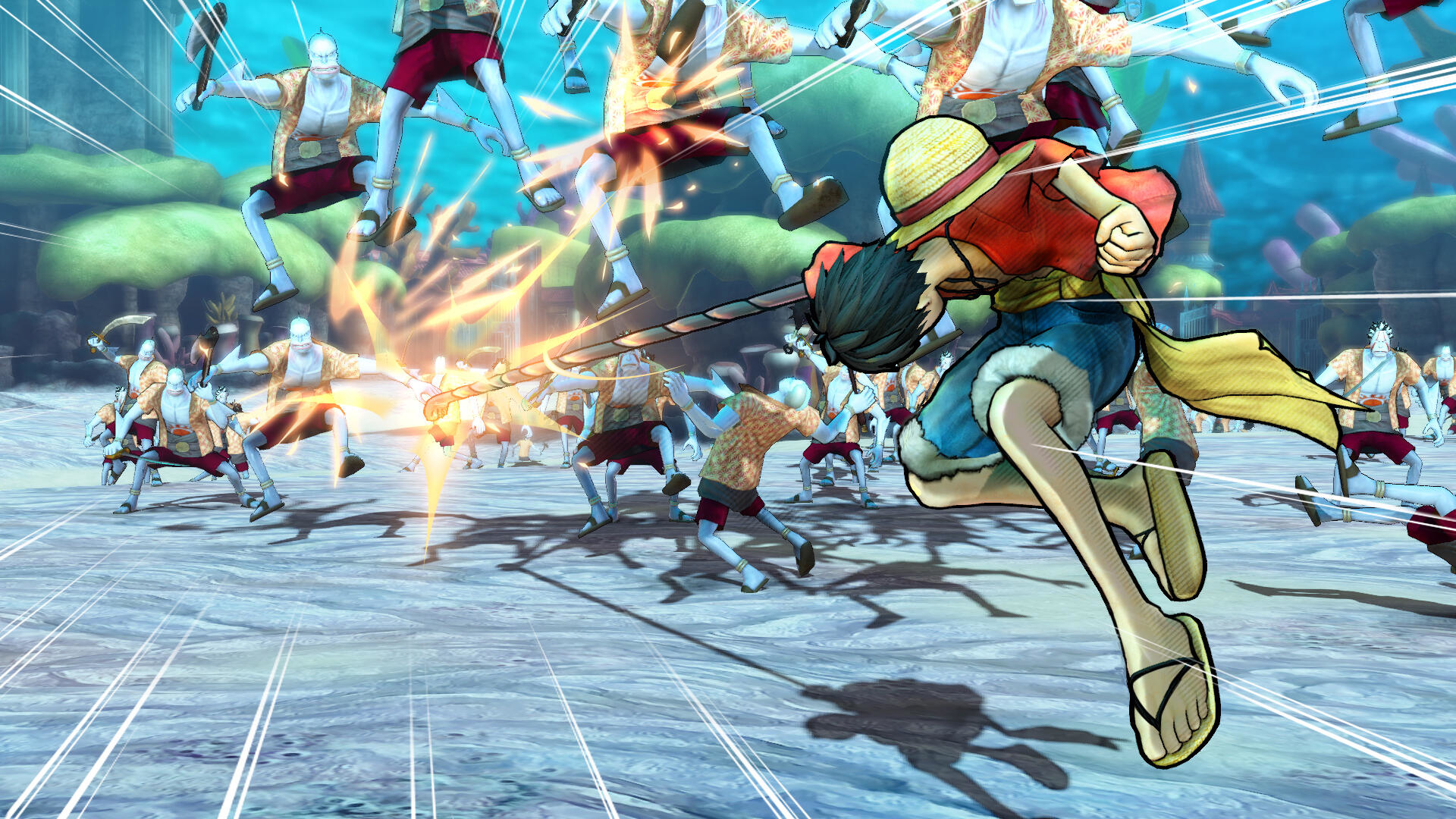 Luffy attacca un gruppo di nemici in un videogioco, con un cappello di paglia, davanti a molte persone.