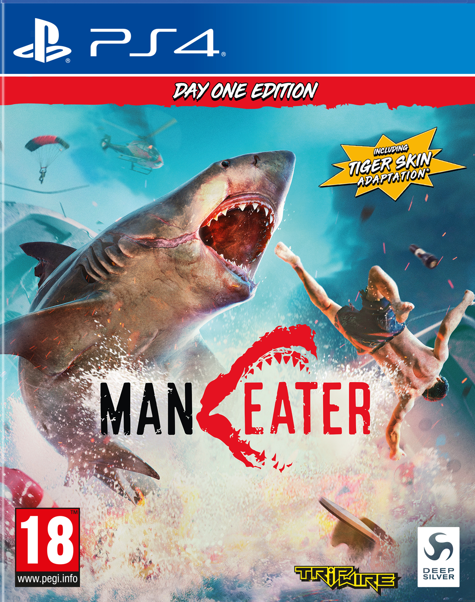 La copertina del gioco mostra uno squalo che attacca un uomo. Elicottero, paracadute, acqua.