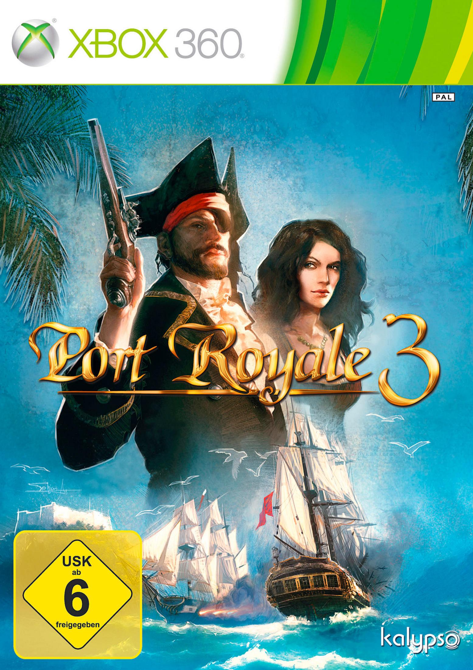 Port Royale 3-Spielcover. Ein Pirat und eine Frau sind vor einem Schiff zu sehen.