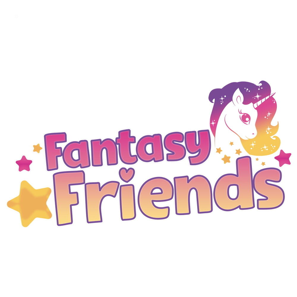 Logo Fantasy Friends con unicorno e stelle, testo rosa e giallo.