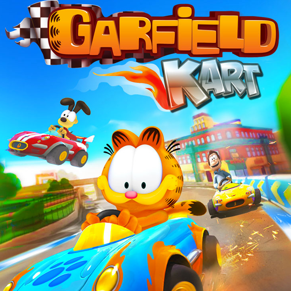 Copertina del gioco Garfield Kart con Garfield e altri in corsa.