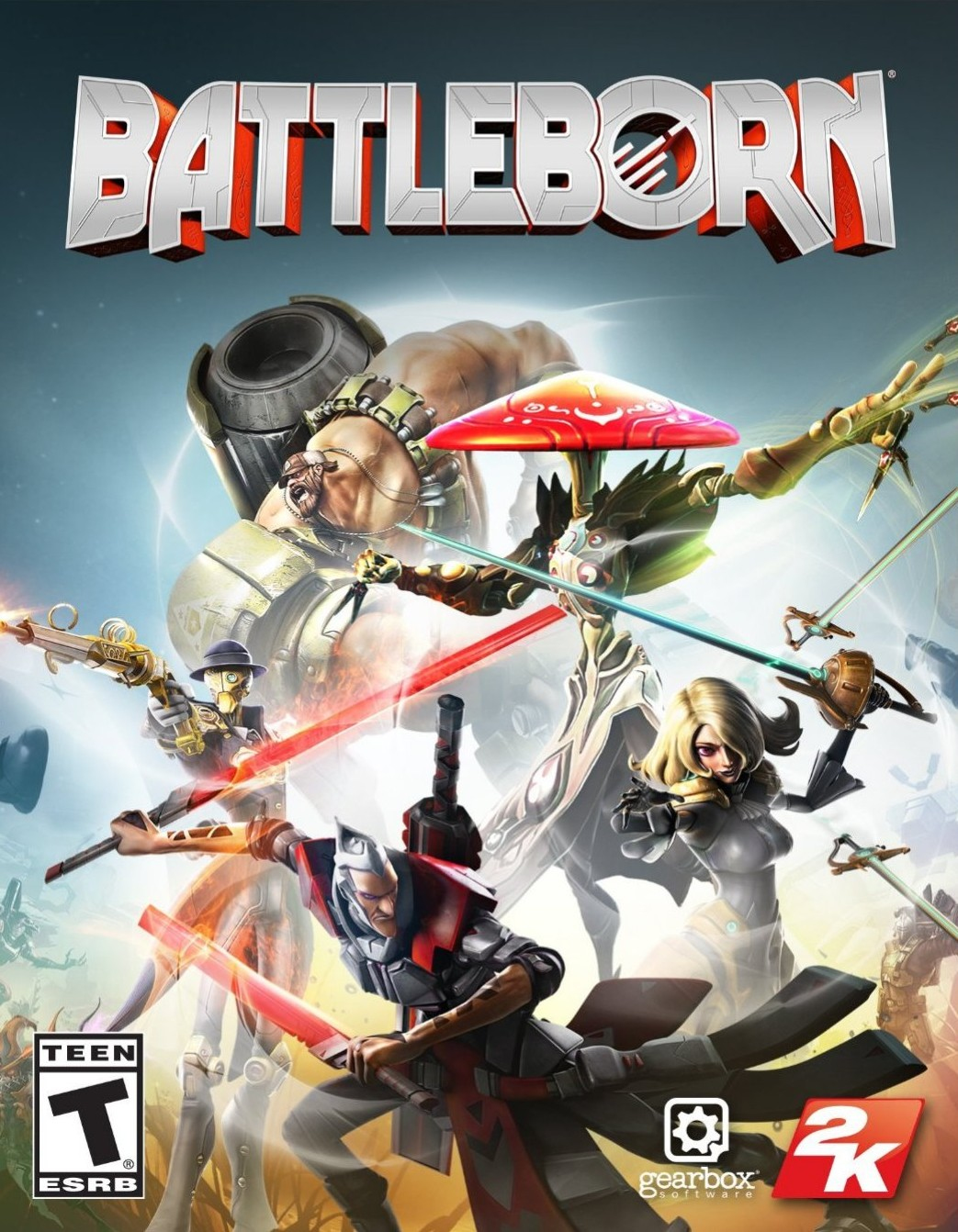 Copertina del gioco Battleborn. Personaggi multipli con armi, posa d'azione.