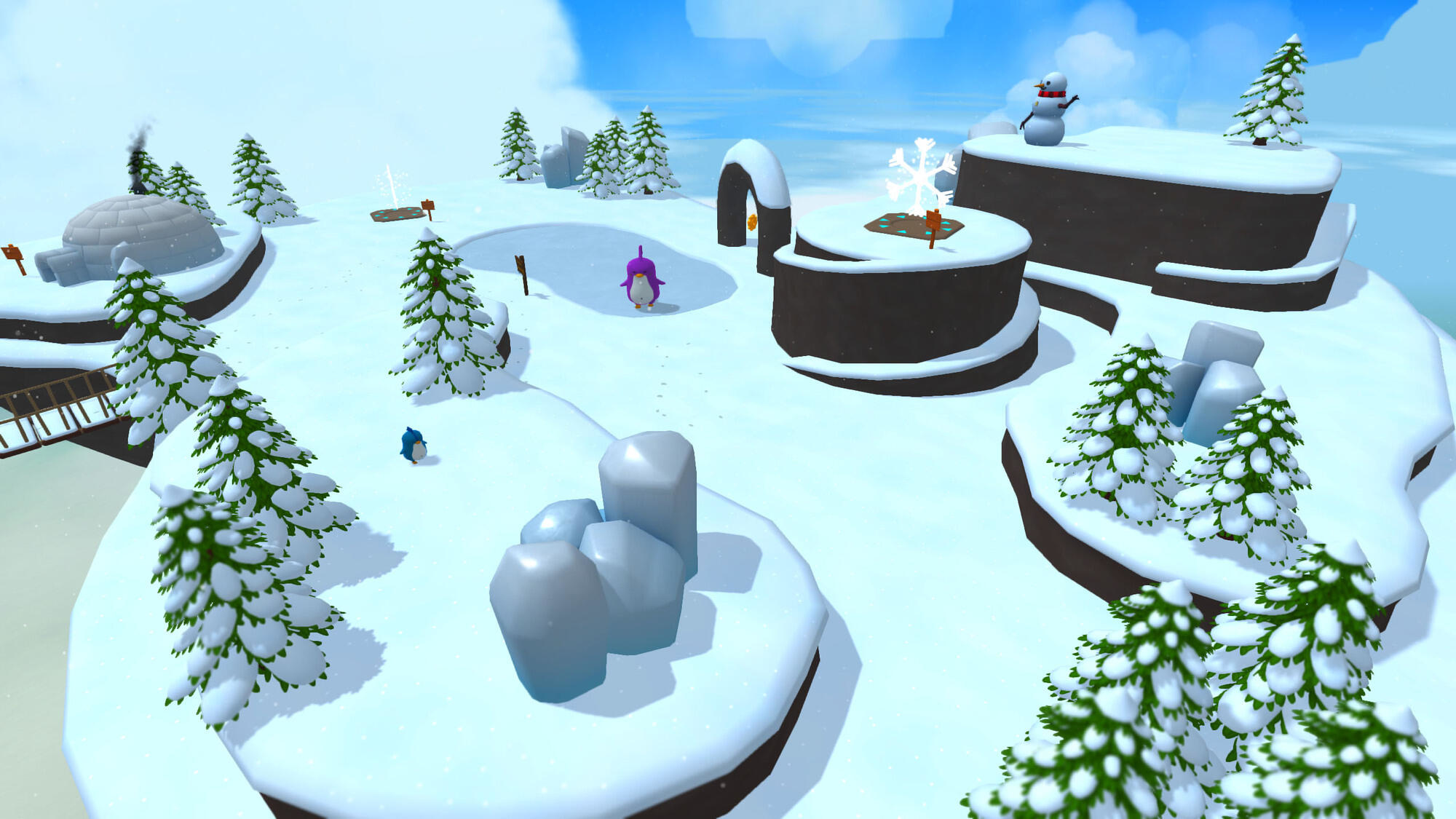 Kreskówkowy, śnieżny krajobraz. Pingwiny i bałwan na różnych platformach.