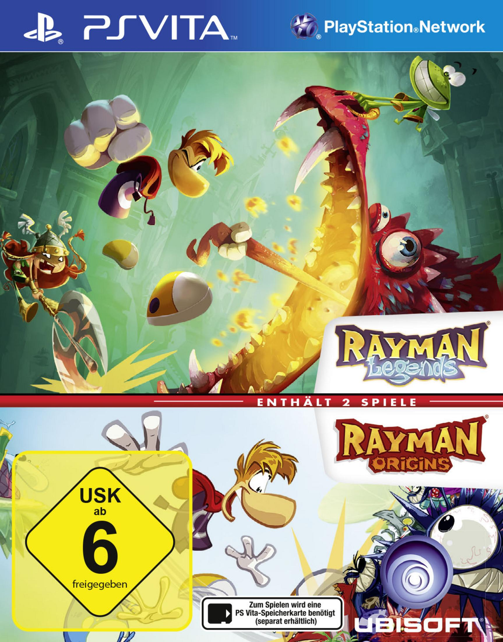 Rayman Legends Spielcover. Charaktere, ein Drache und Spieletitel sind auf der Vorderseite zu sehen.