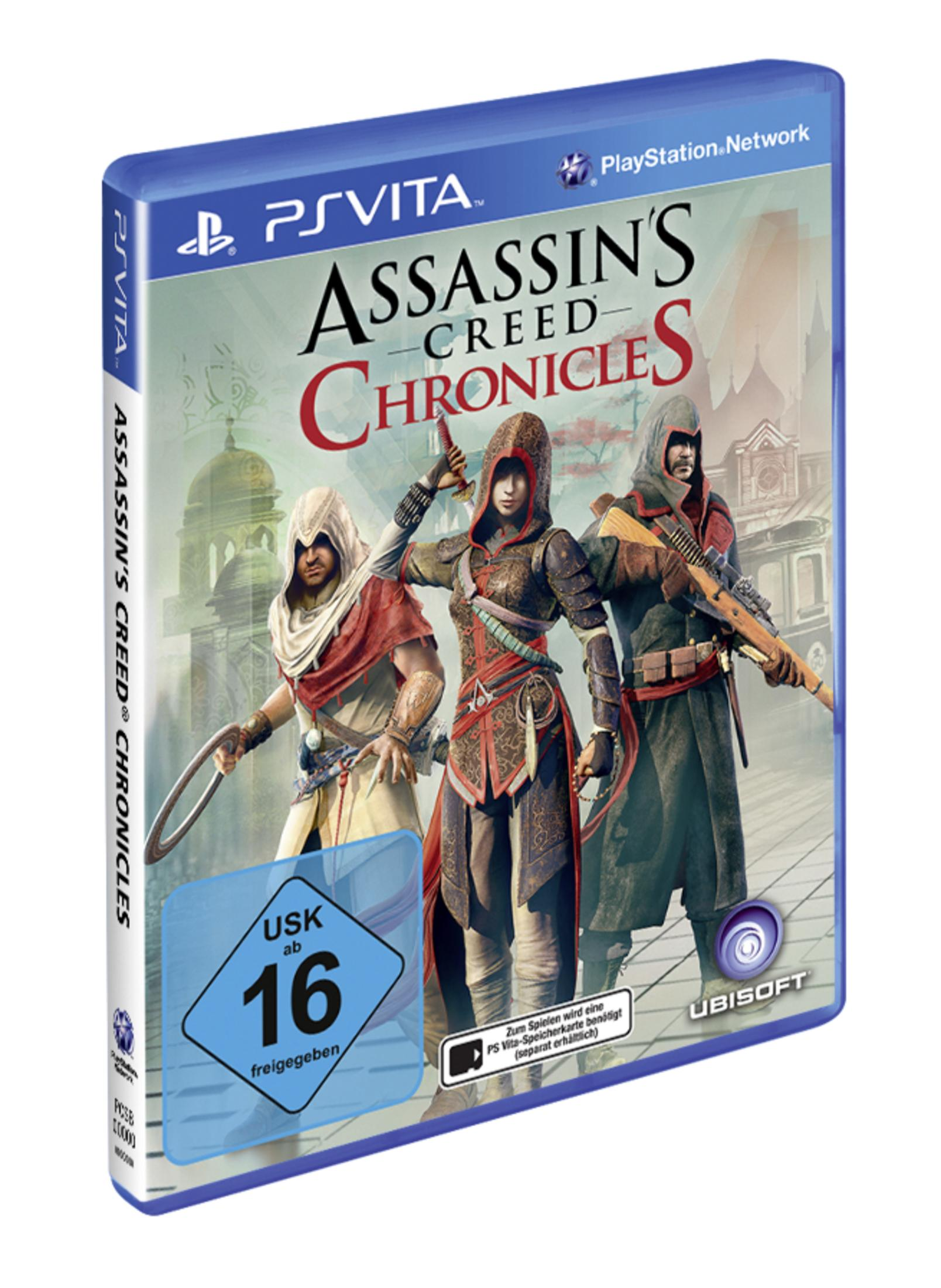PS Vita-Spielbox für Assassin's Creed Chronicles. Zeigt drei Figuren, USK 16-Bewertung.