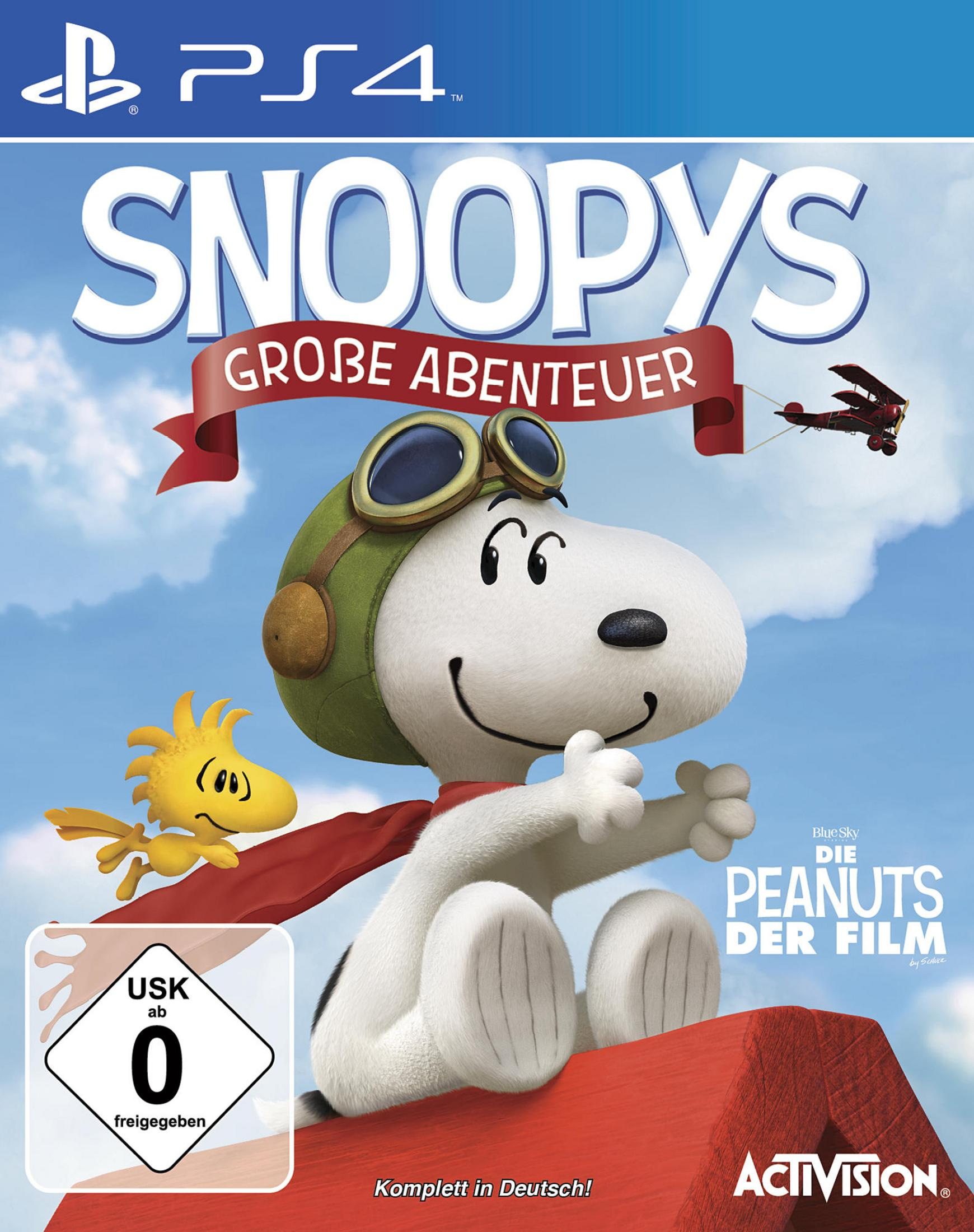 Snoopy Videospielbox. Snoopy mit Brille auf rotem Dach. Gelber Vogel. Deutscher Text. Weißer Hintergrund.